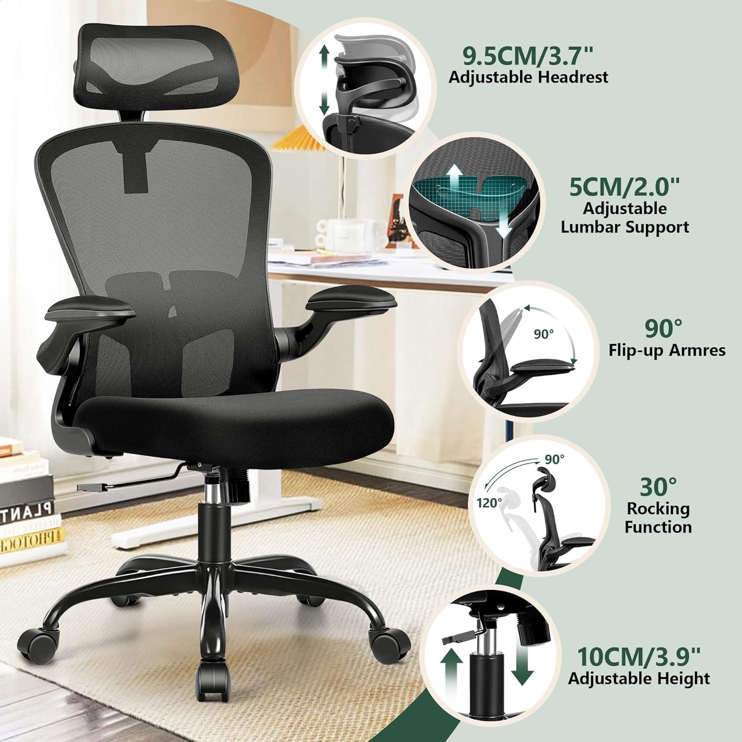 FelixKing Office Chair Ergonomic Desk Chair with Headrest, High Back Computer with Adjustable Lumbar Support and Wheels,Executive Swivel Comfy with flip-up Armrests for Home Office