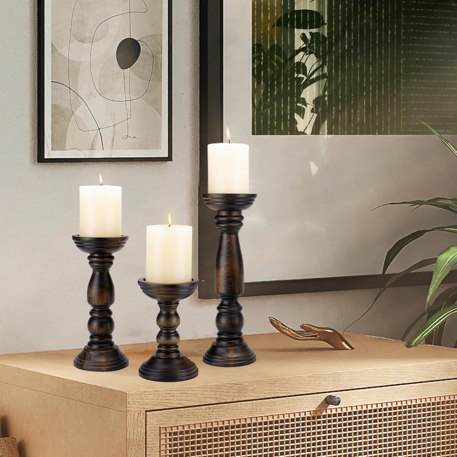 DecMode 3 Candle Brown Wood Candle Holder, Set of 3