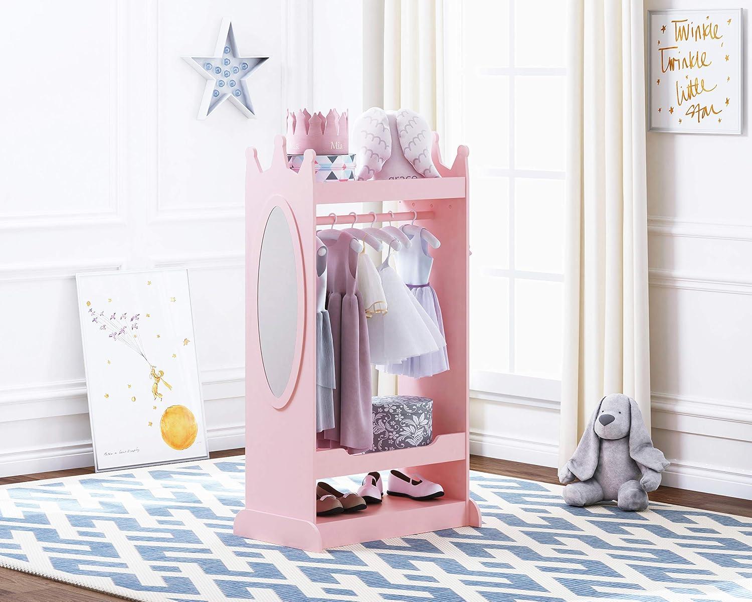 Kids Pink Costume Organizer with Mirror - Open Hanging Armoire Rack for Dress-Up Play and Storage