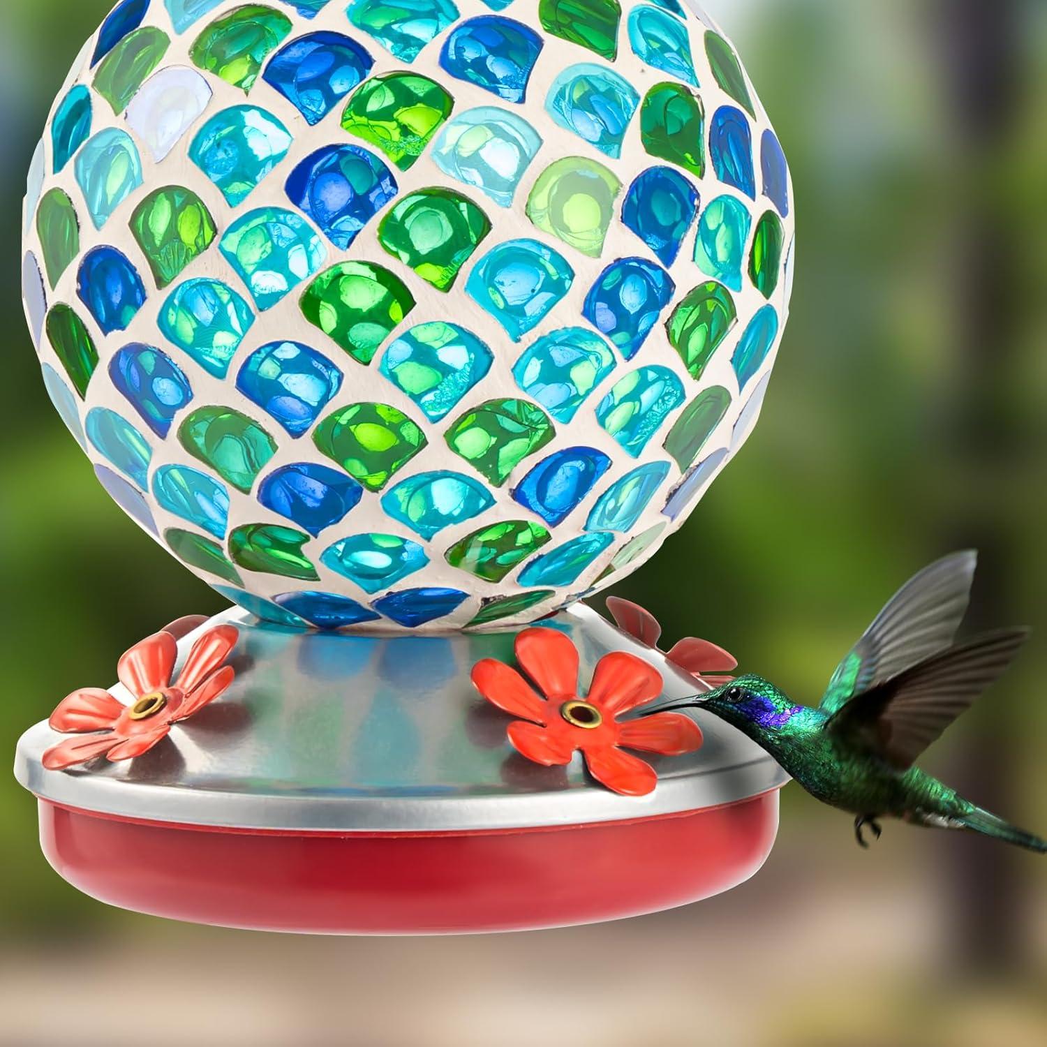 Hand-Blown Glass Hanging Hummingbird Feeder with Metal Hanger