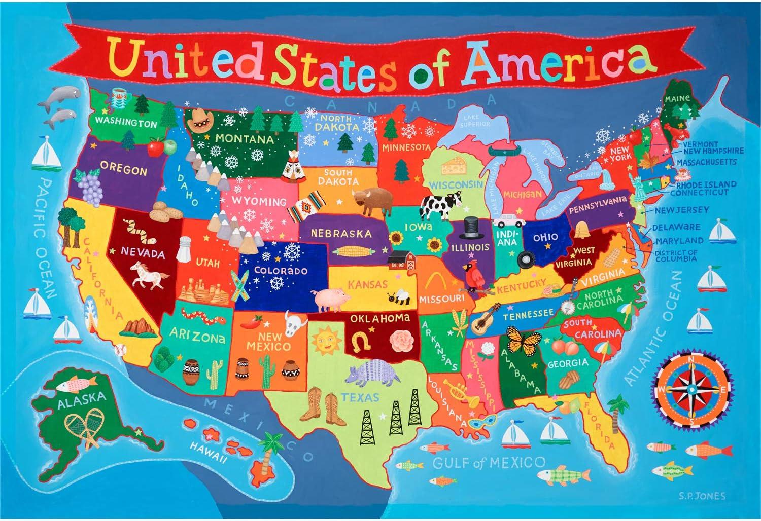 Vibrant Laminated 24" x 36" Kids' USA Map Poster