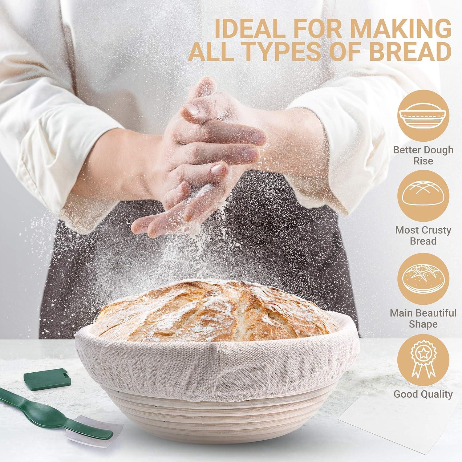 Bread Proofing Banneton Set - 9 Inch Round Natural Rattan Basket With Linen Liner Cloth and Sourdough Scraper Tool - Ideal Gift for Professional or Home Bakers