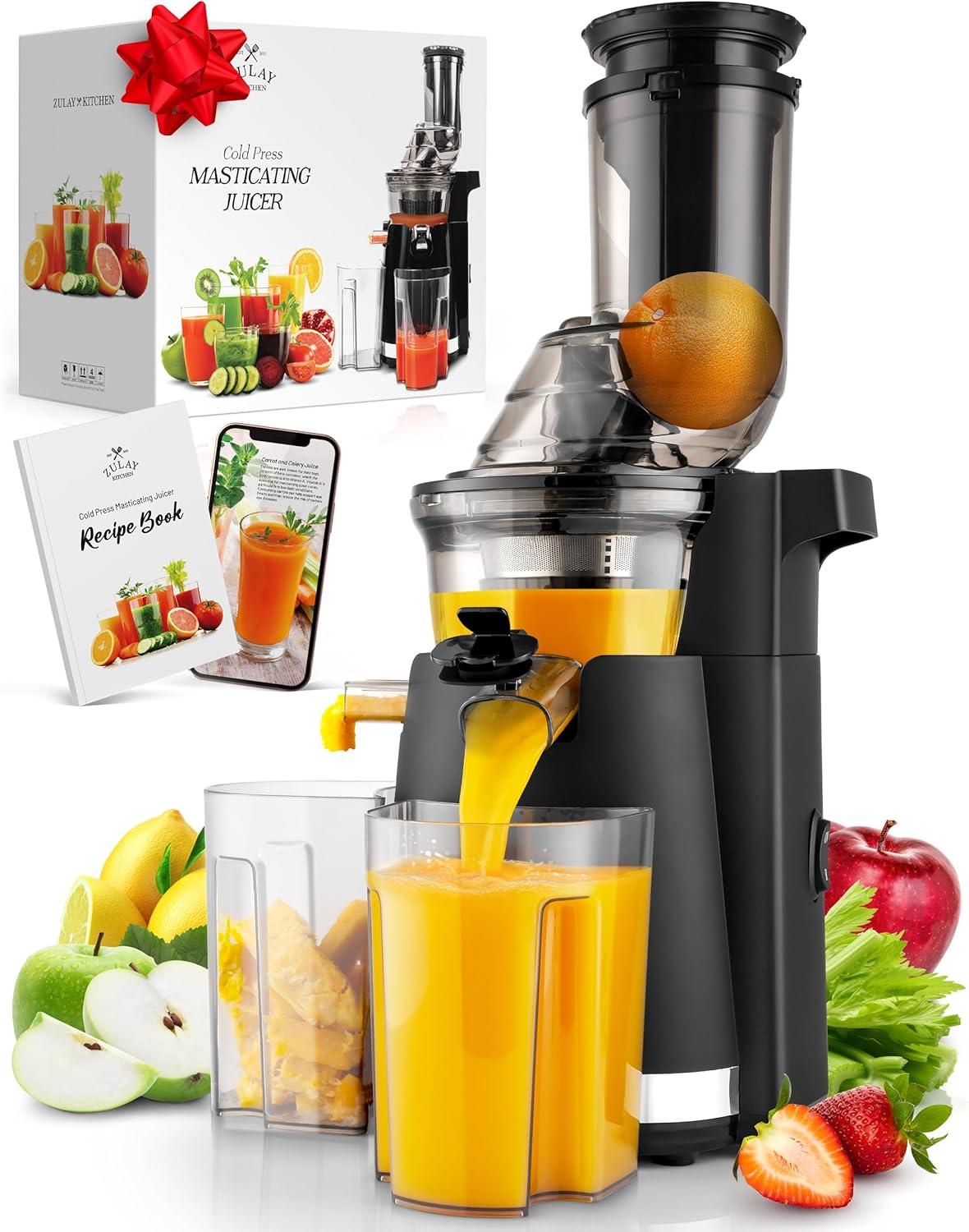 Zulay Kitchen Cold Press Juicer, Masticating Slow Juicer with 3 inch Wide Chute and Quiet Motor, Easy To Clean