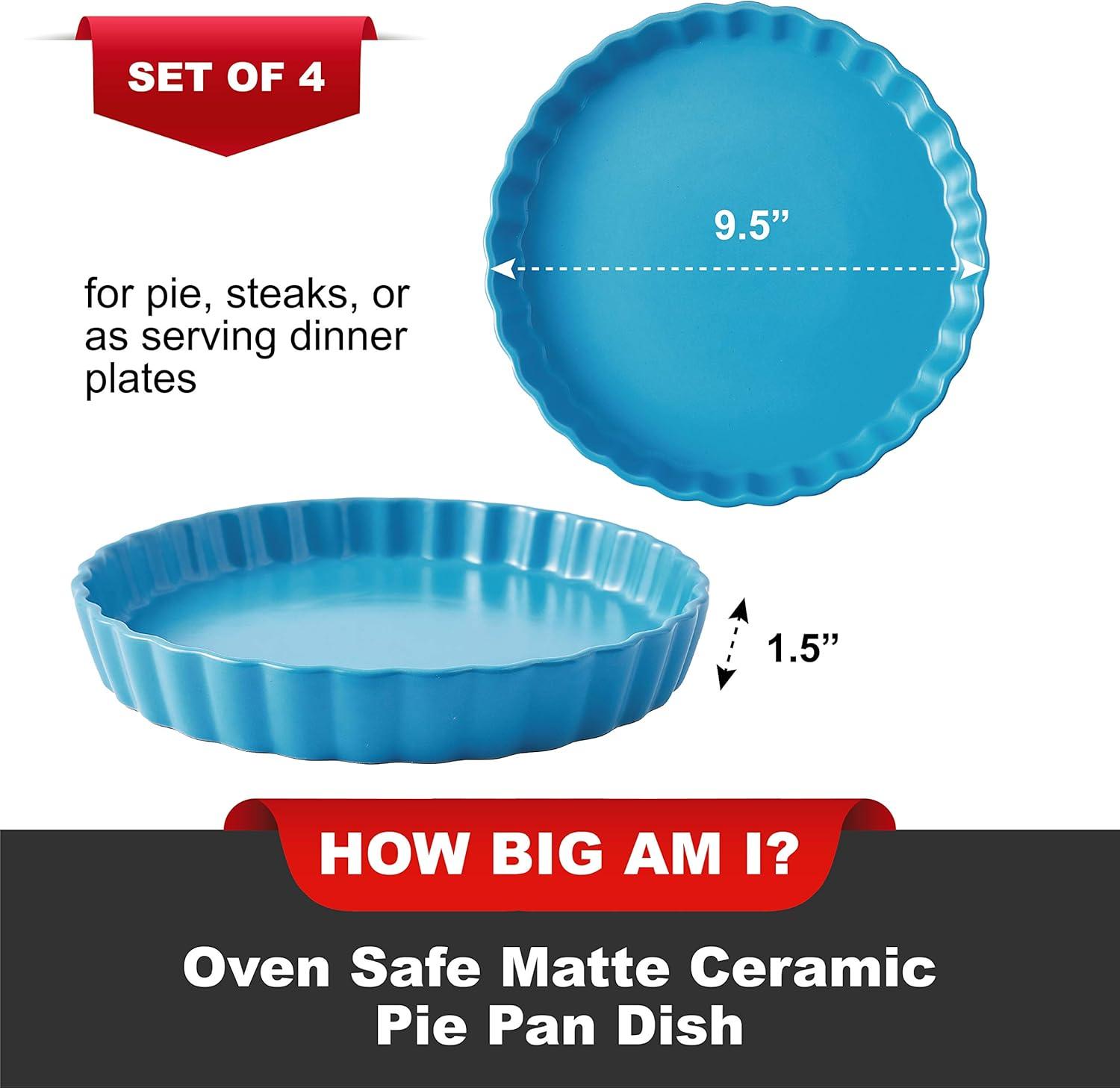 Bruntmor Ceramic Pie Pans Set of 4, Baking Dishes/Quiche Dish/Apple Pie/Tart. Oven Safe Nonstick Porcelain Round Baking Plate/Pot/Tart Pan. 10"/ Blue