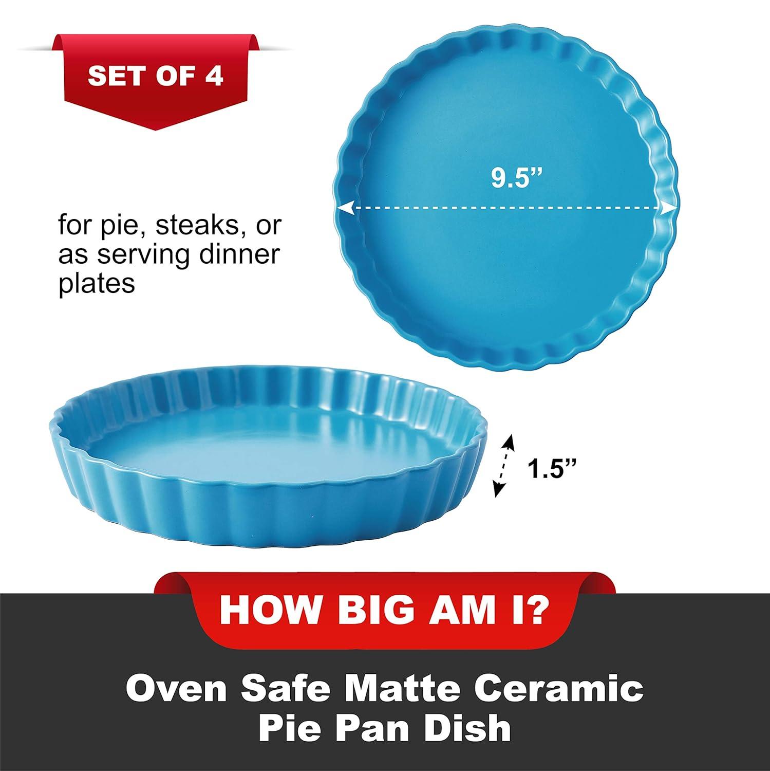 Bruntmor Ceramic Pie Pans Set of 4, Baking Dishes/Quiche Dish/Apple Pie/Tart. Oven Safe Nonstick Porcelain Round Baking Plate/Pot/Tart Pan. 10"/ Blue