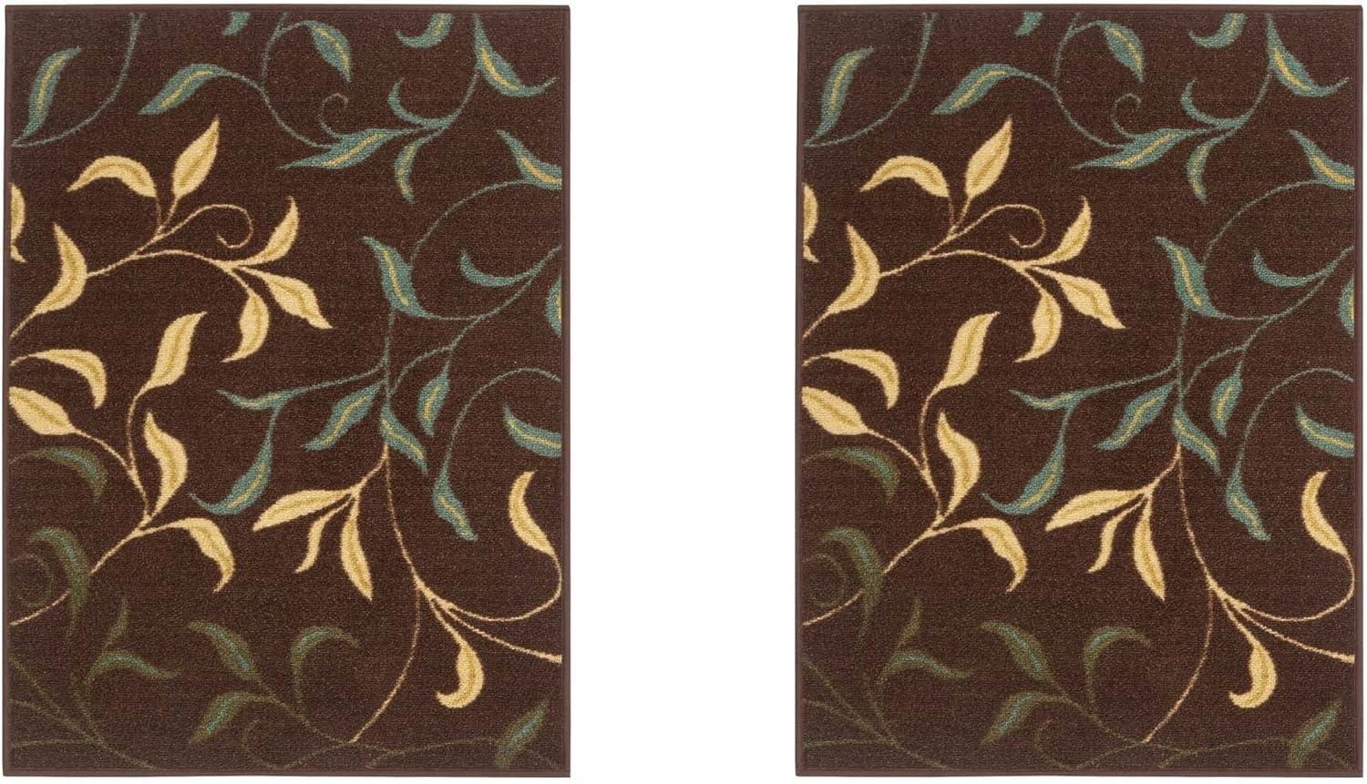 Ottohome Non-Slip Leaves Area Rug For Living Room, Hallway Runner, Entryway Rug, Brown
