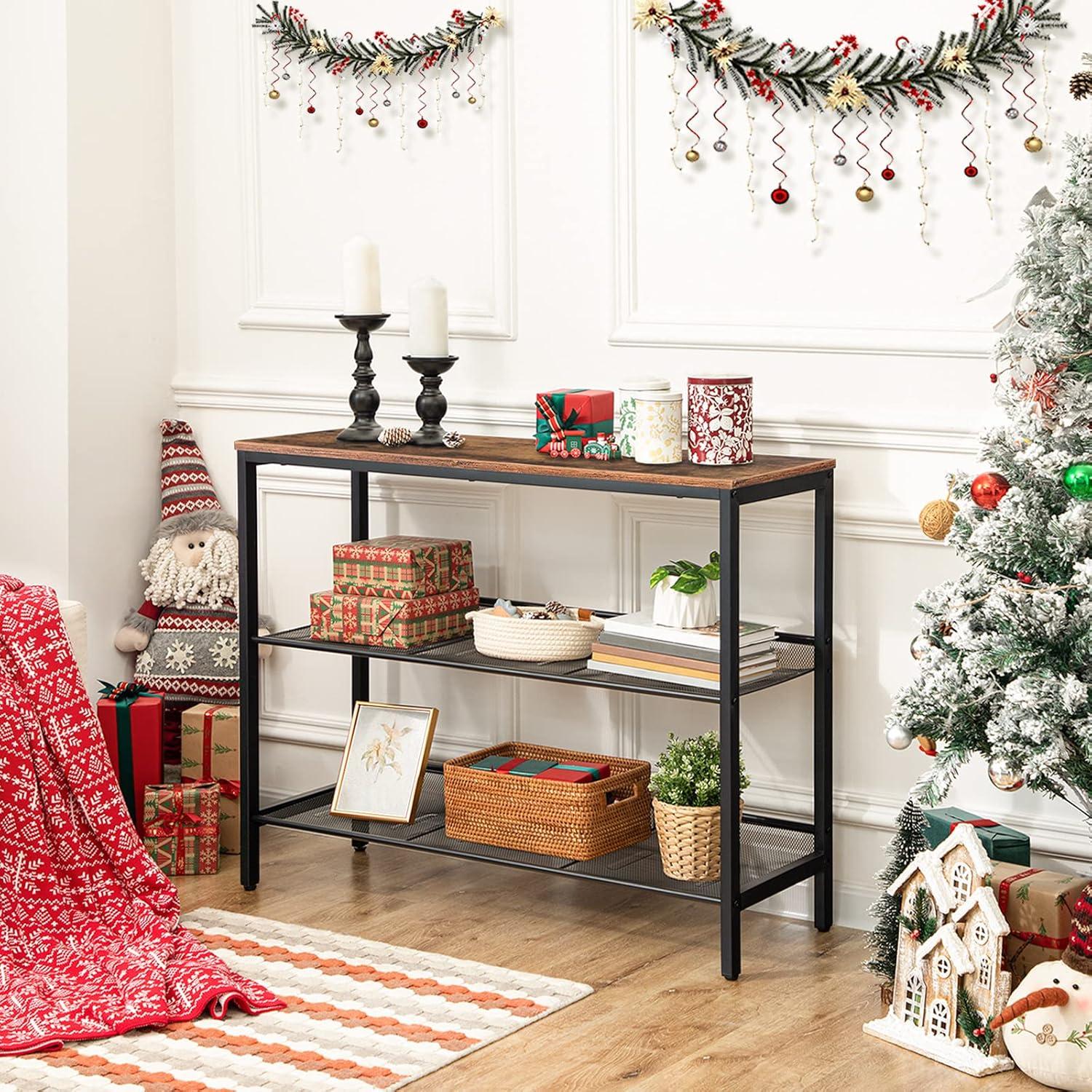 HOOBRO Console Table, Sofa Table with 2 Flat or Slant Adjustable Mesh Shelves, Hallway Table and Sideboard in Entryway, Living Room Corridor, Easy Assembly, Industrial, Rustic Brown and Black BF01XG01