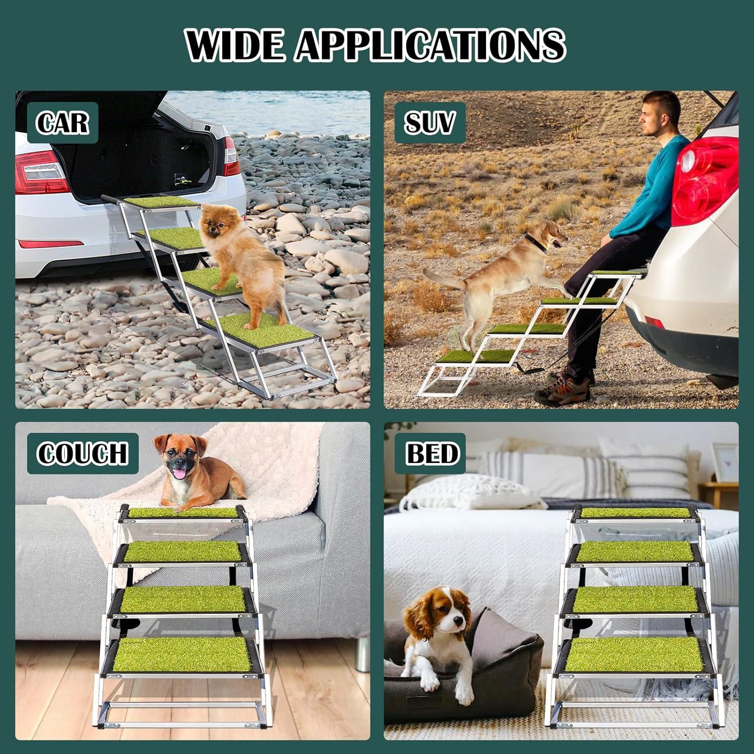 Dog Ramp for Car, Extra Wide Dog Car Stair for Large Dogs, Pet Steps Lightweight Aluminum Foldable Dog Steps for Cars and SUV,High Beds, Trucks, Supports up to 200 lbs (Extra Wide-4 Steps with Grass)