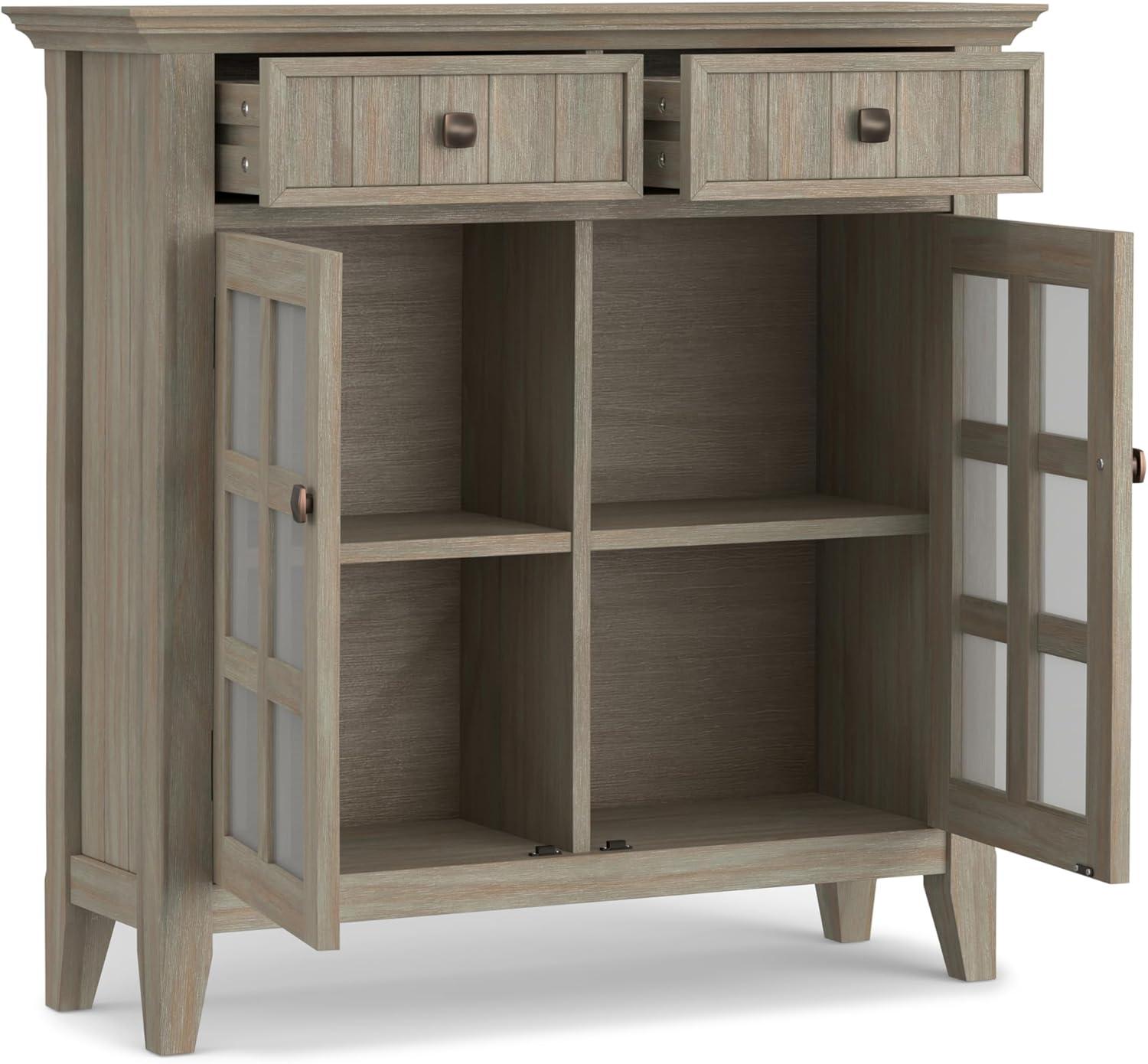 Simpli Home Acadian 36"W Solid Wood 2-Shelf Entryway Storage Cabinet with Glass Doors and 2 Drawers
