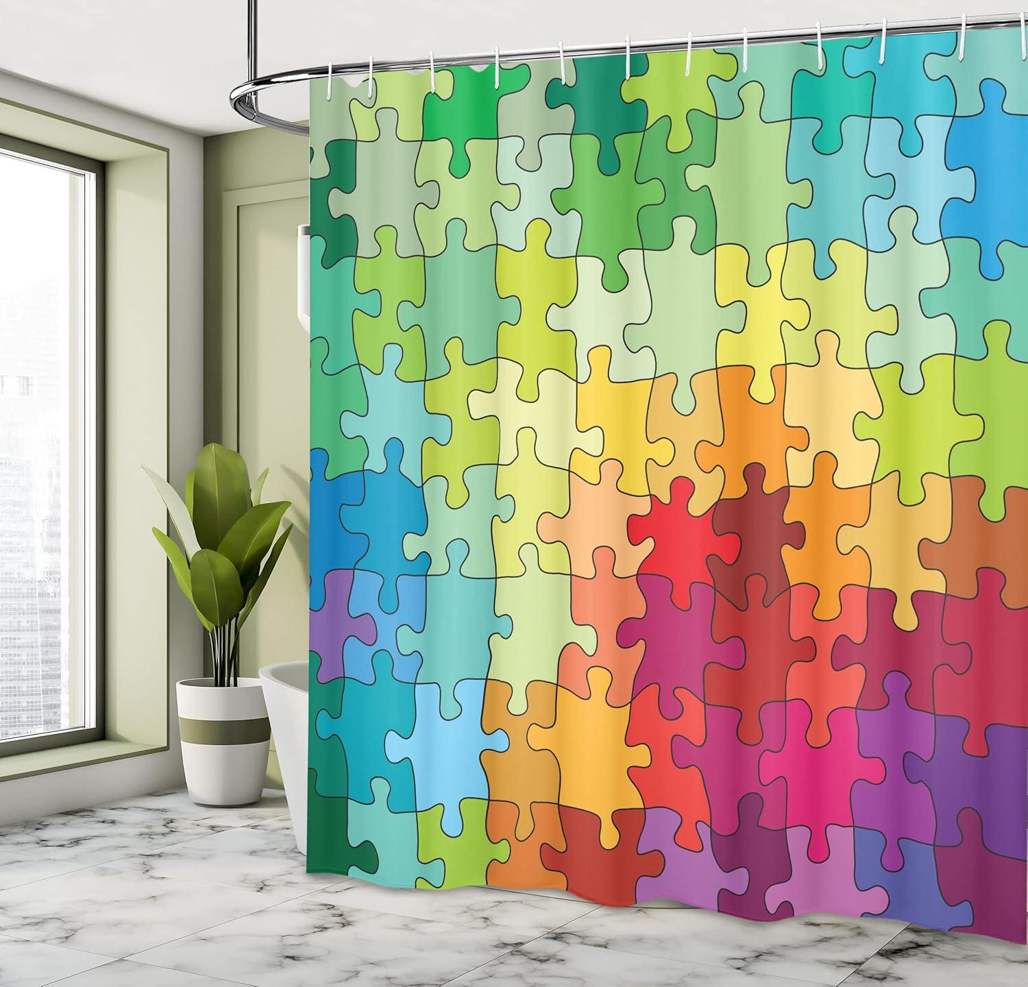 Colorful Puzzle Pieces Fabric Shower Curtain with Hooks