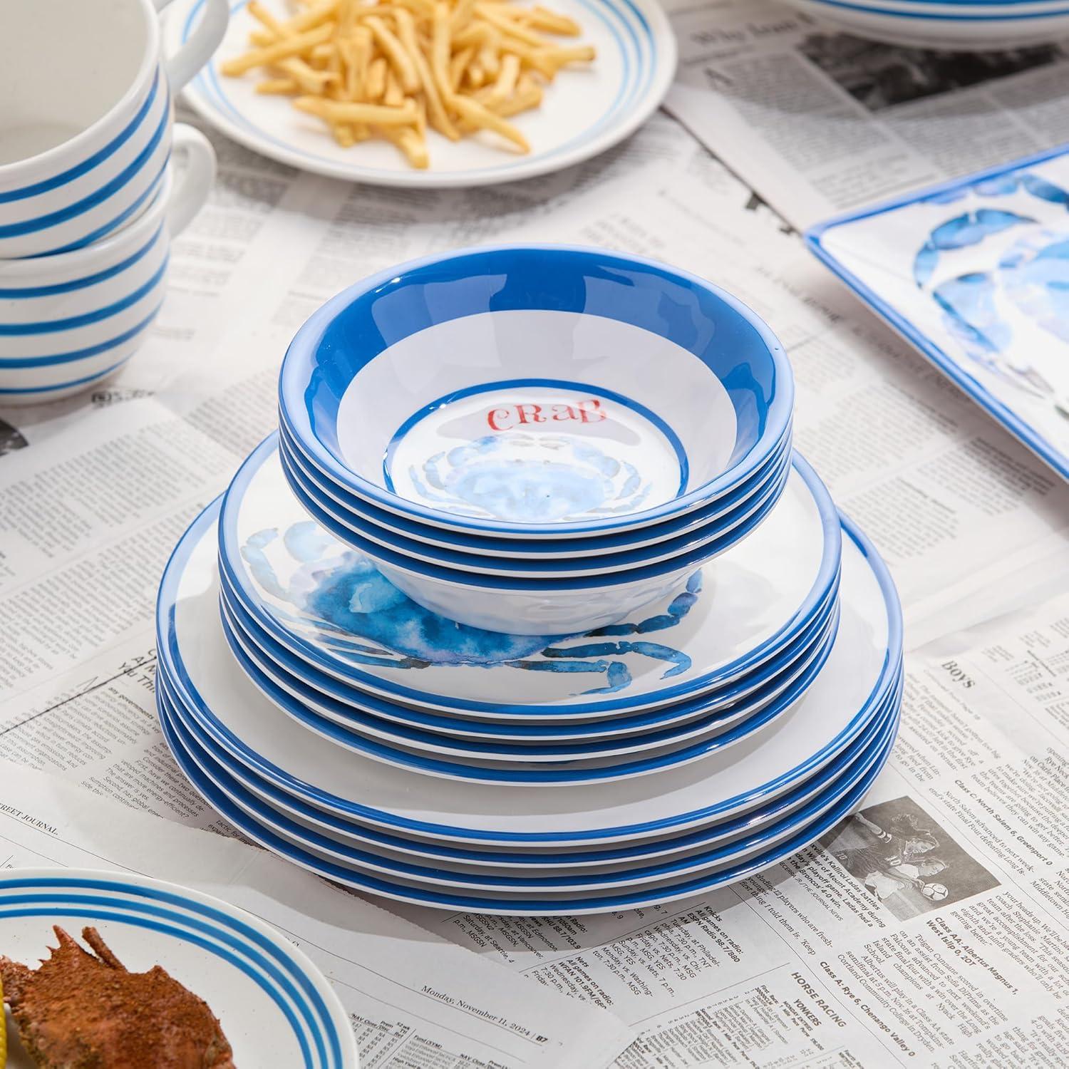 Certified International Beach House Crab 12-Piece Melamine Dinnerware Set – Blue & White Nautical-Themed Plates & Bowls – Shatterproof, Lightweight, and Dishwasher-Safe Coastal Tableware for Indoor & Outdoor Dining