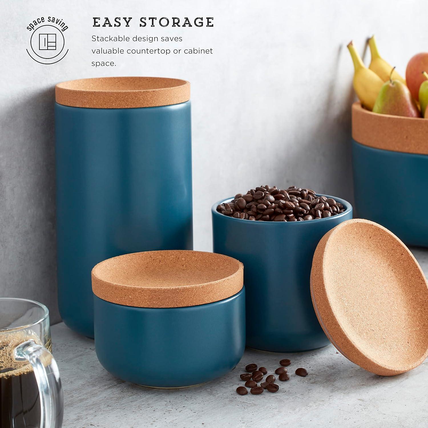 Kamenstein 3pc Canister Set Teal: Ceramic Kitchen Storage & Organization, Cork Lid, Lifetime Warranty