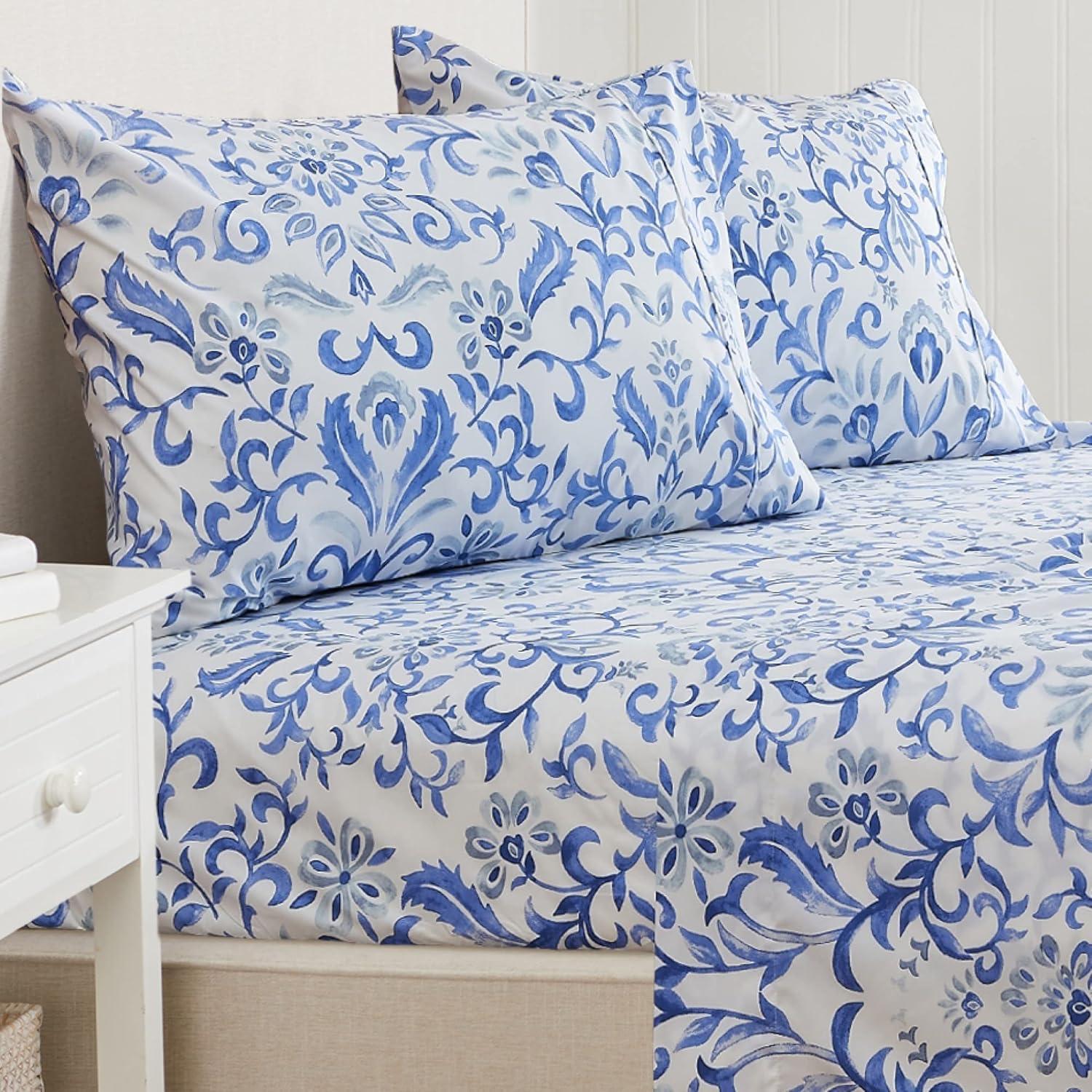 Full Blue Watercolor Floral Microfiber Sheet Set