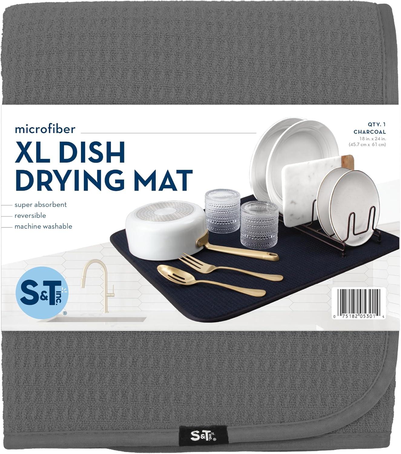 S&T INC. Dish Drying Mat XL, 18” x 24”, Absorbent Microfiber Kitchen Counter Mat, Dish Drying Pad for Dishes, Utensils, Pots and Pans, Extra Large, Charcoal