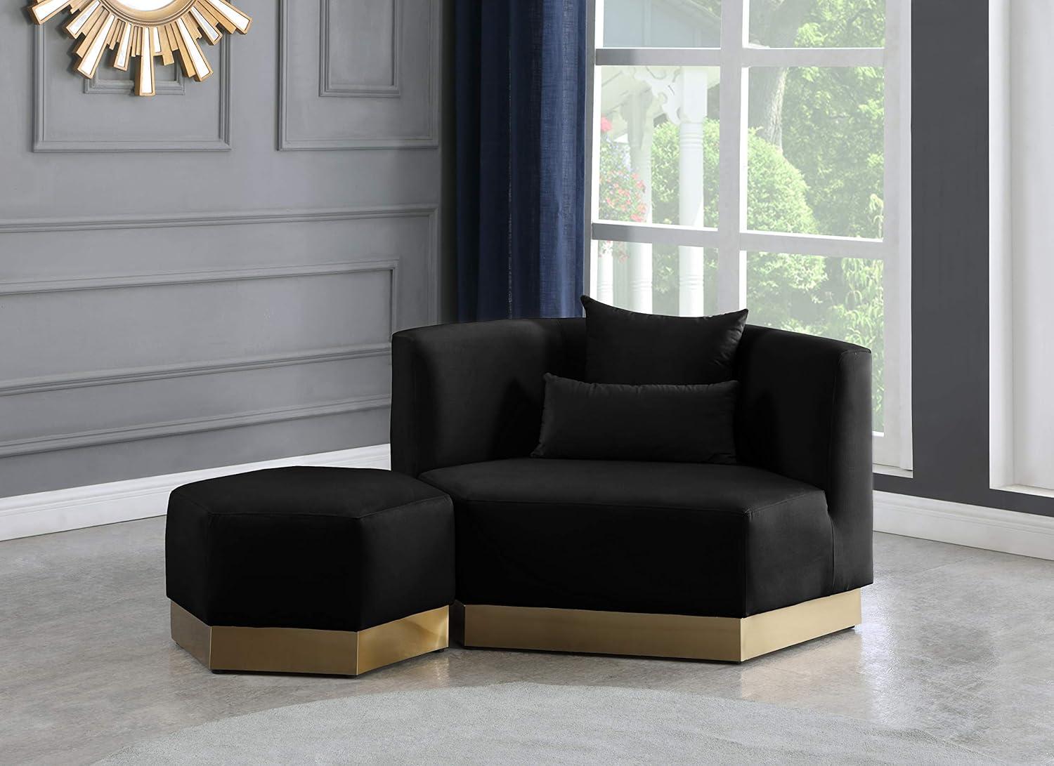 Marquis Black Velvet Ottoman with Gold Base