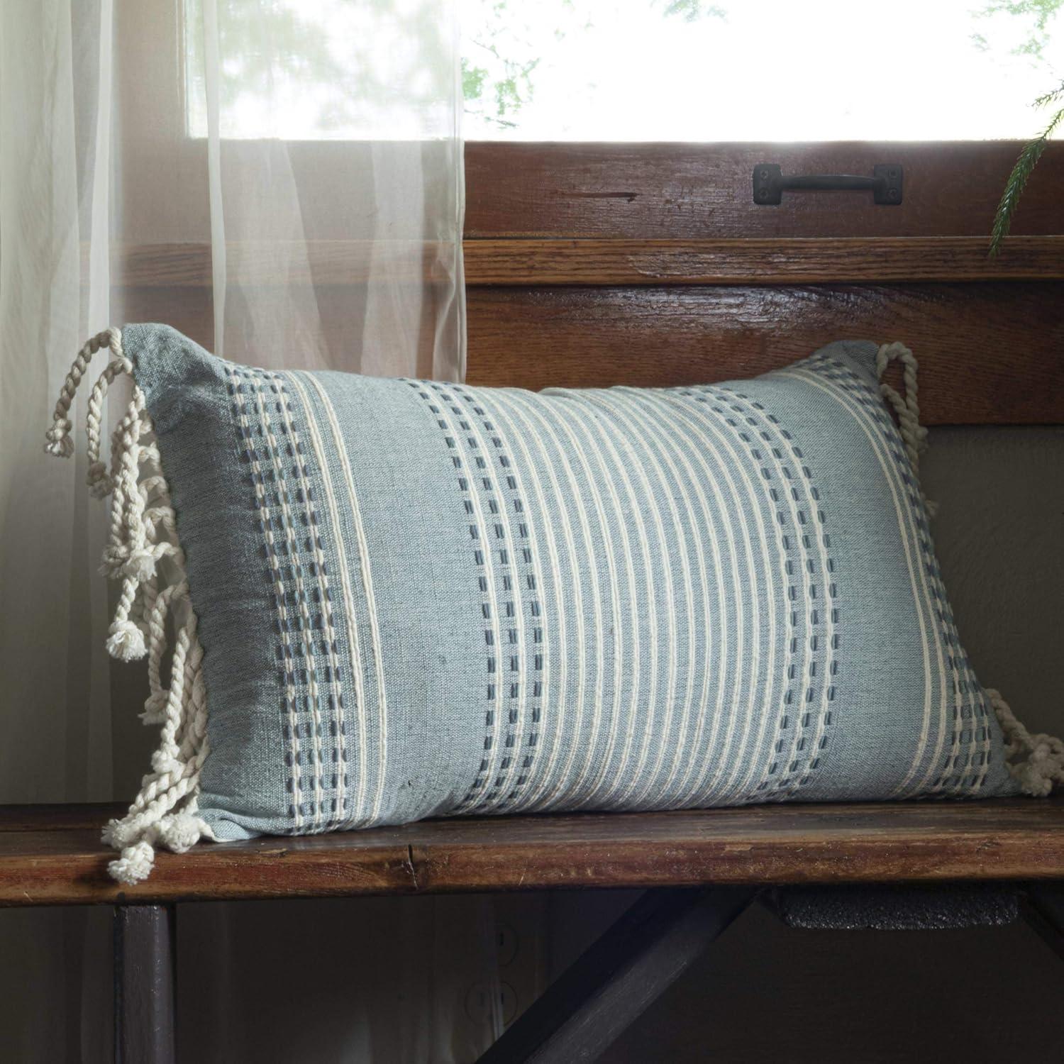 Blue Hand Woven 14 x 22 inch Decorative Cotton Throw Pillow Cover with Insert and Hand Tied Tassels - Foreside Home & Garden