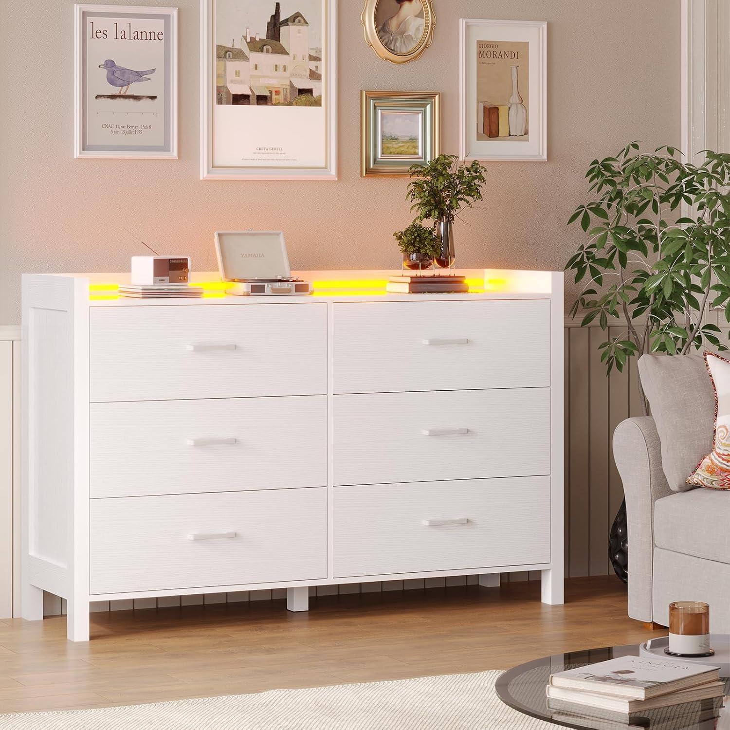 White Double Dresser with LED Lights and Six Drawers