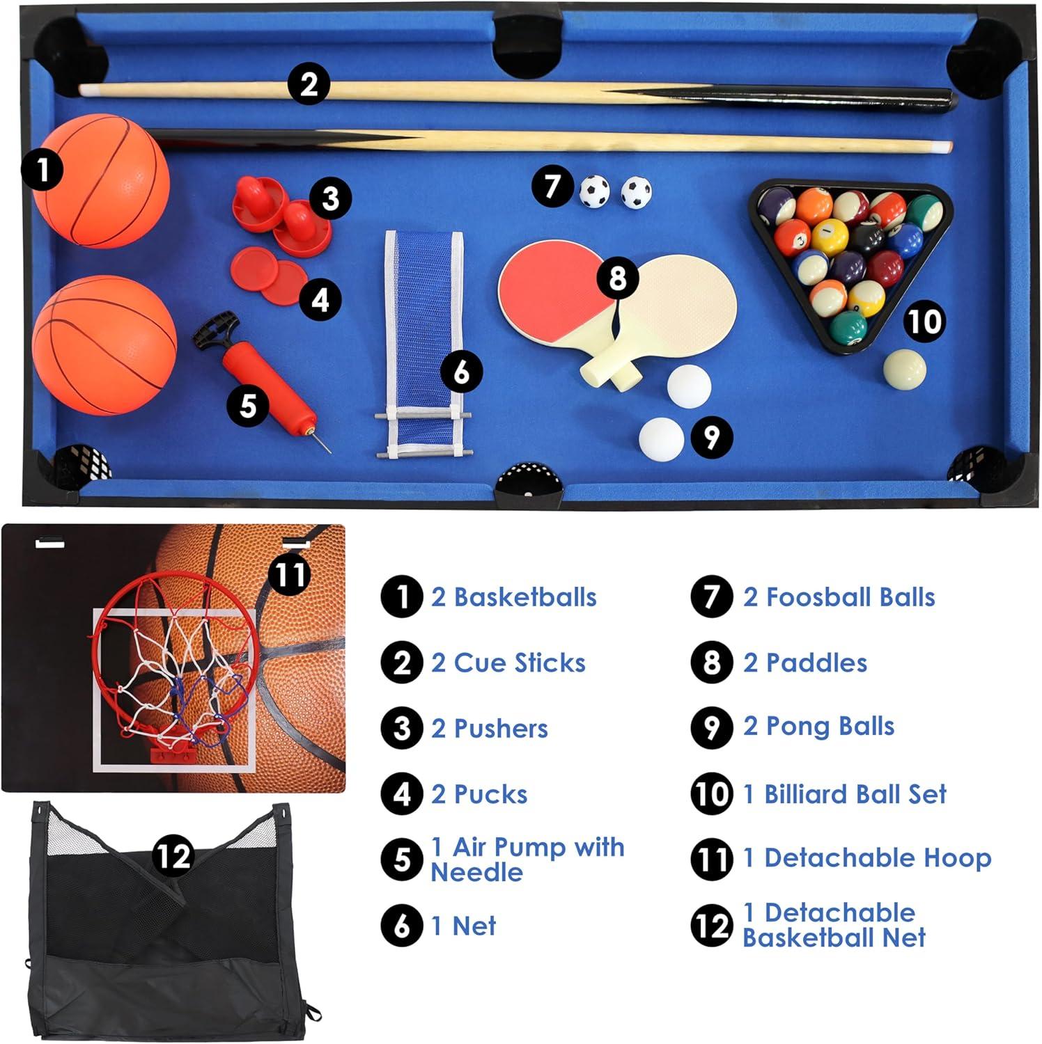 Sunnydaze Indoor Sport Collage 2-Player 5-in-1 Multi-Game Table with Billiards, Push Hockey, Foosball, Ping Pong, and Basketball - 45"