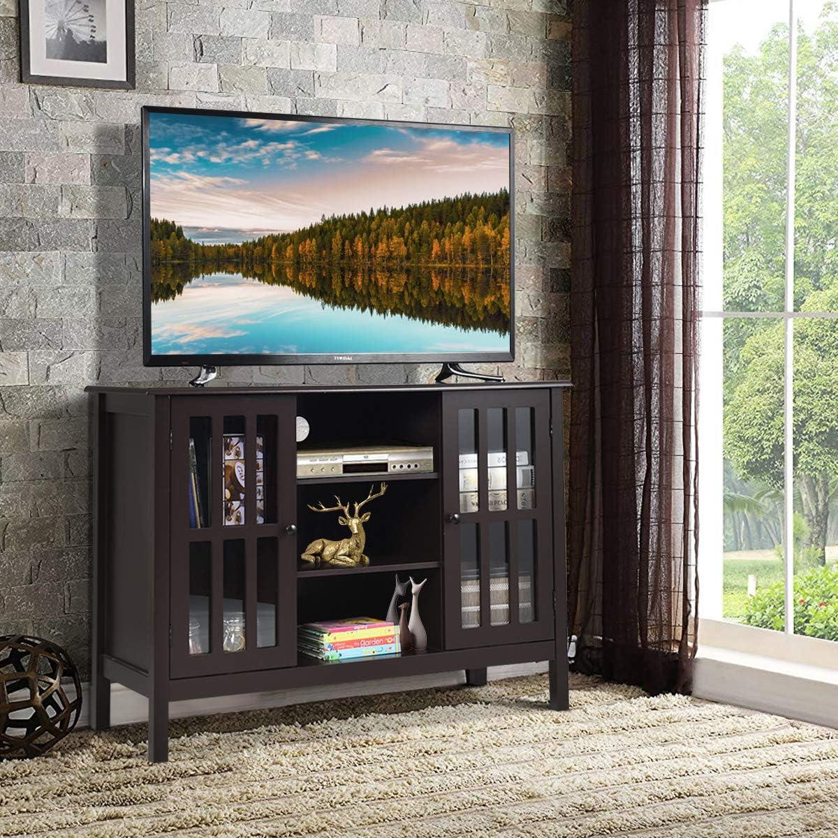 Elegant Tall Brown TV Console with Cabinet Storage and Shelves