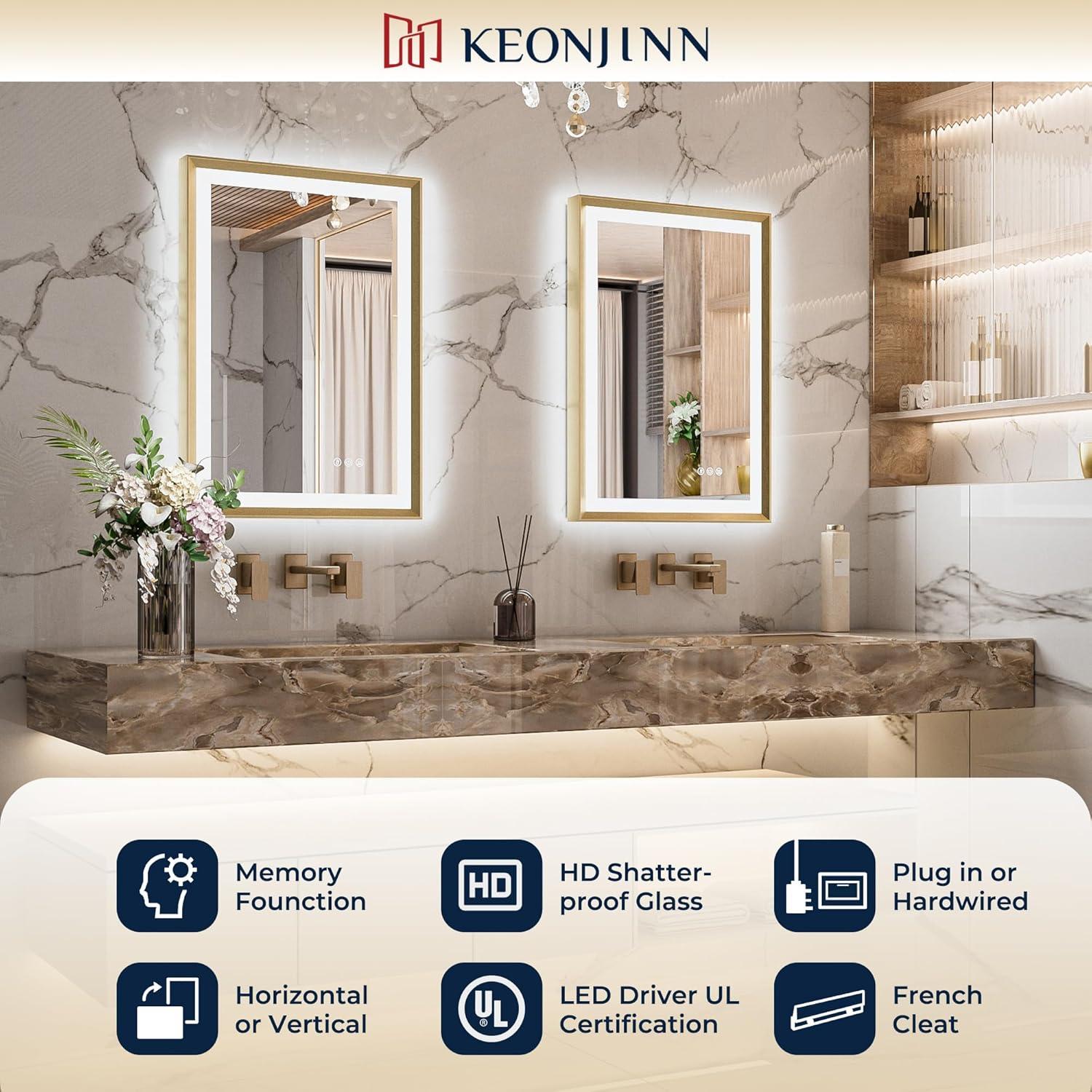 Keonjinn LED Bathroom Vanity Mirror, Front Light & Backlit, 3 Color Temperatures, Anti Fog, Double Lights Strips, 24"x32"