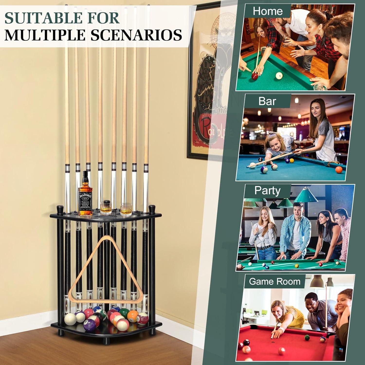 Wood Pool Cue Rack Solid Pool Stick Holder,Black Floor Stand Holds 8 Pool Billiard Stick Billiard Cue Racks,Pool Table Accessories for Game Room,Club