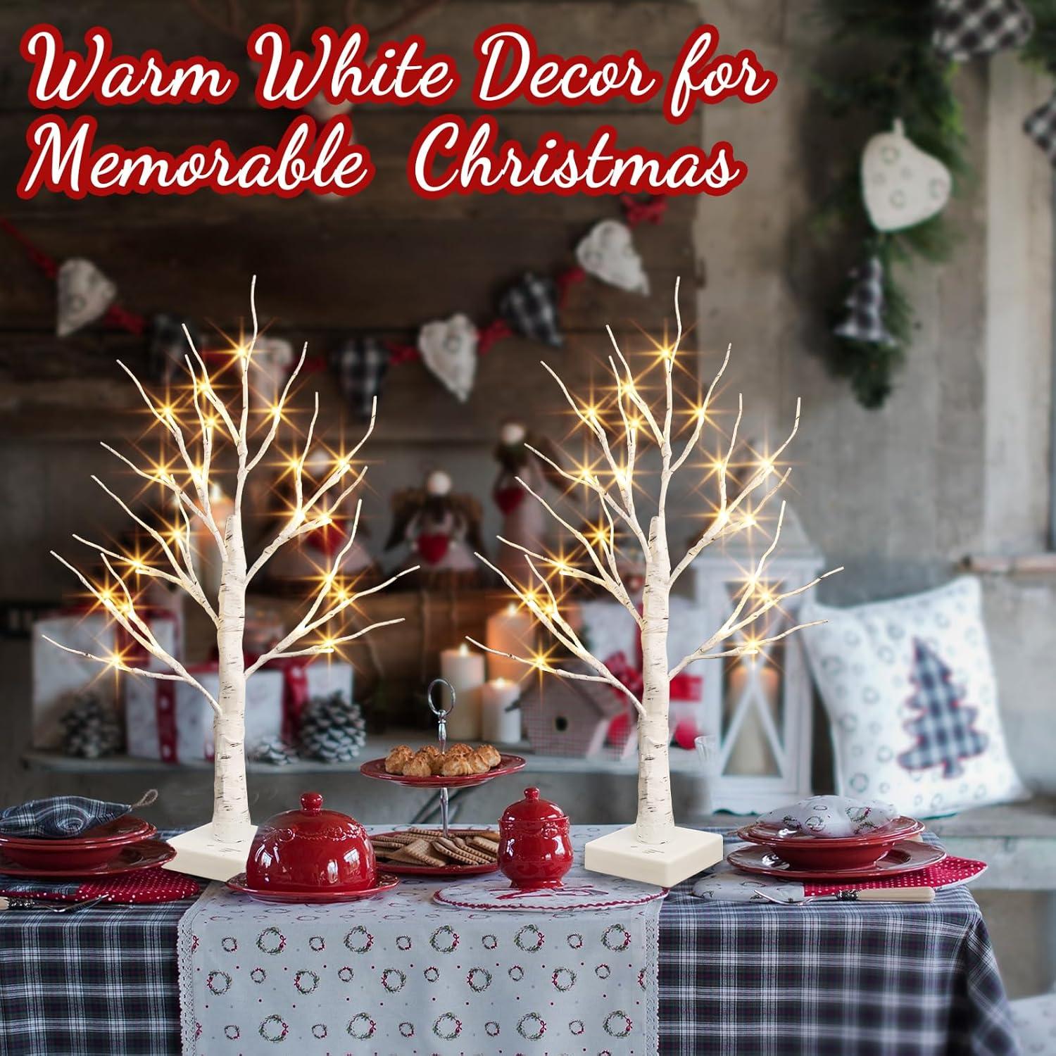 The Holiday Aisle® White Birch Tree With LED Lights - Set Of 2, LED Tabletop Tree With Timer, Christmas Decorations Lighted Tree For Indoor Mantel Home Decor (2 FT, 24 LED)