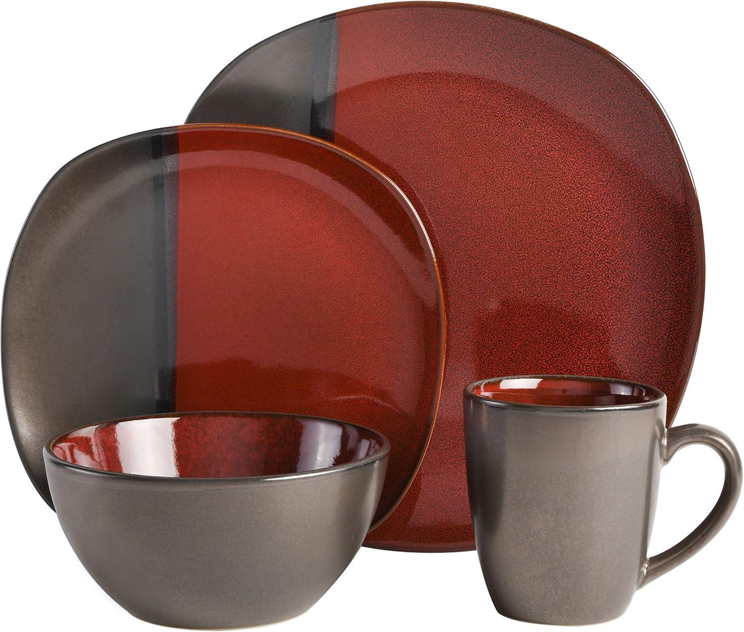 Gibson Elite Volterra 16 Piece Soft Square Stoneware Dinnerware Set in Red and Metallic Gray