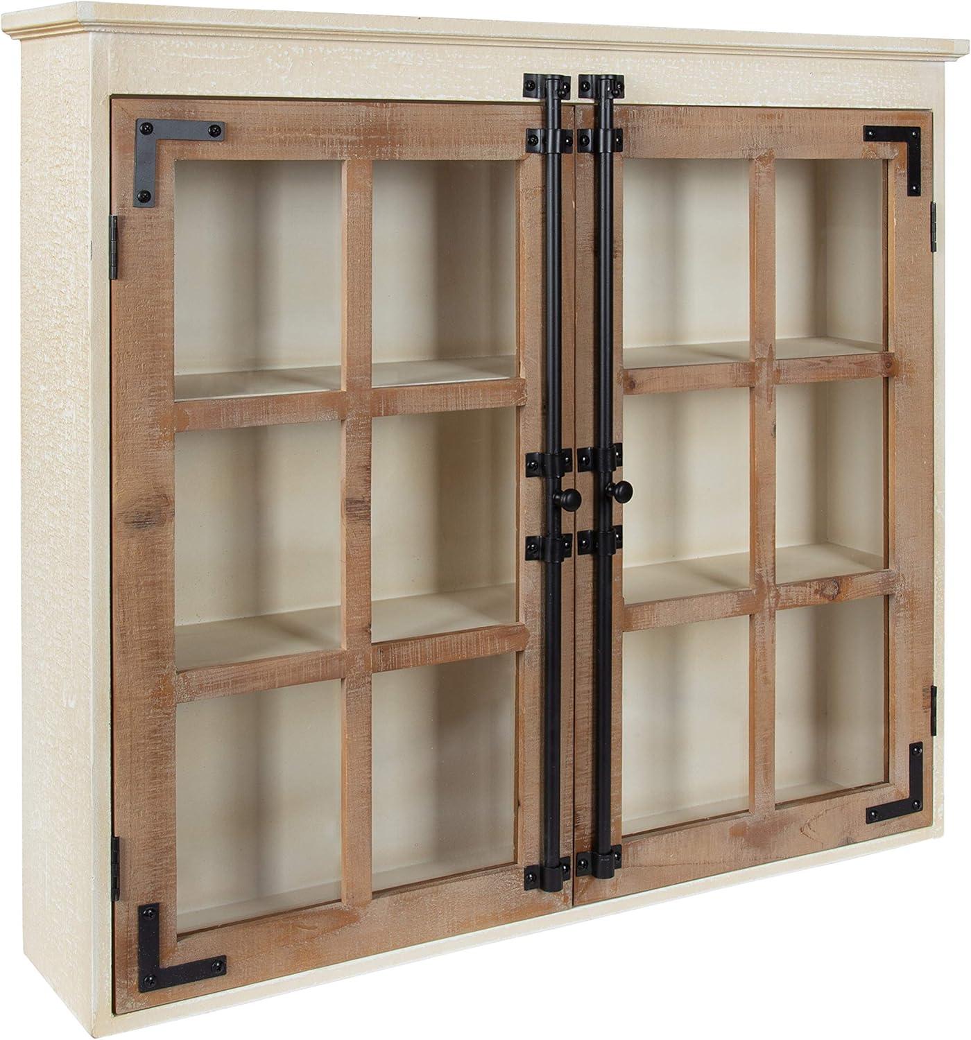 Kate and Laurel Hutchins Decorative Farmhouse Wood Wall Cabinet, 30" x 6.5" x 27.5", White and Brown, Wall Cabinet with Window Pane Glass Door