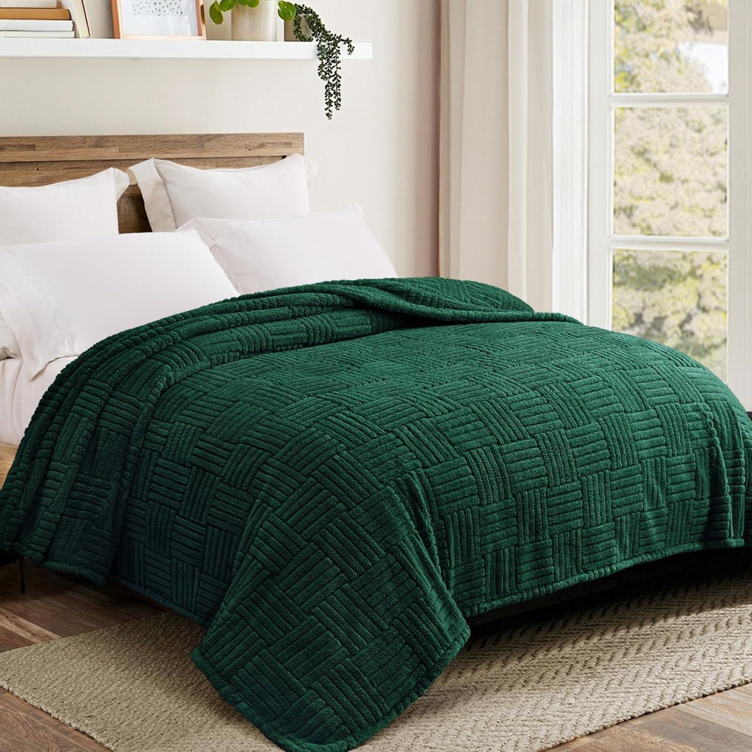 Whale Flotilla Flannel Fleece Queen Size(90x90 Inch) Lightweight Bed Blanket, Soft Velvet Bedspread Plush Fluffy Coverlet Palm Leaf Design Decorative Blanket for All Seasons, Dark Green…