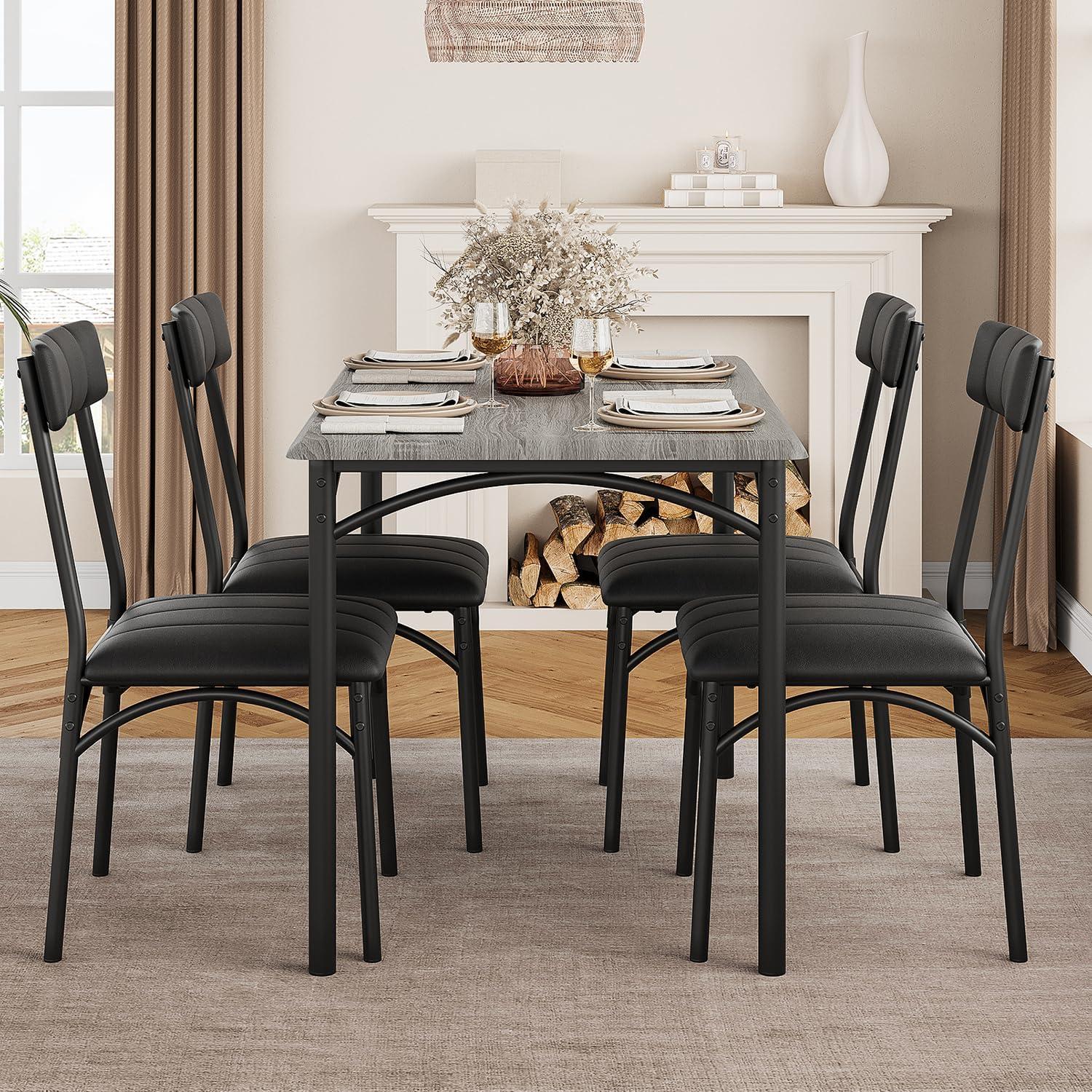 Rustic Gray Engineered Wood Dining Table Set with 4 Upholstered Chairs