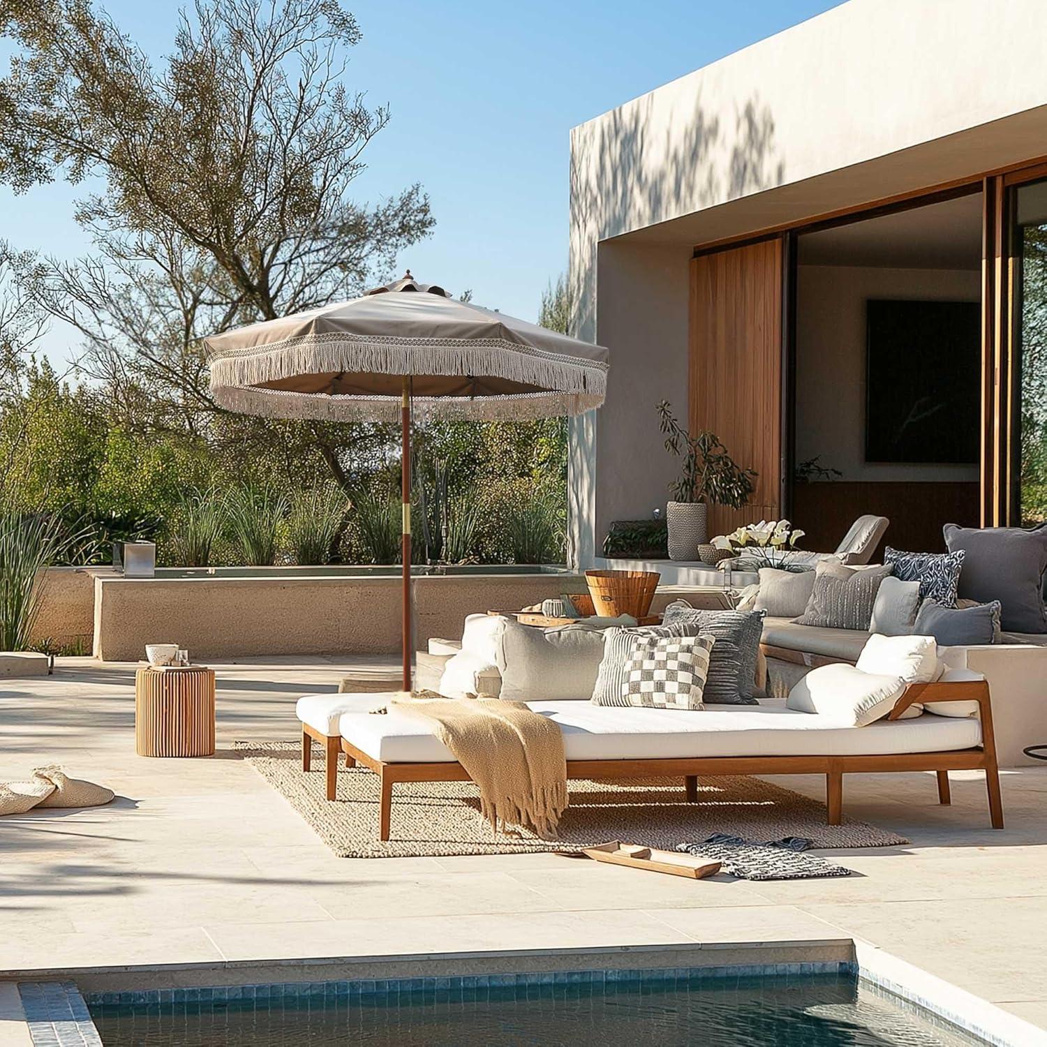 LAGarden BOHO 9' Fringe Patio Umbrella with Tassels UPF50+ Boho Style 5-Year-Non-Fading for Outdoor Yard Market Mocha Meander brown