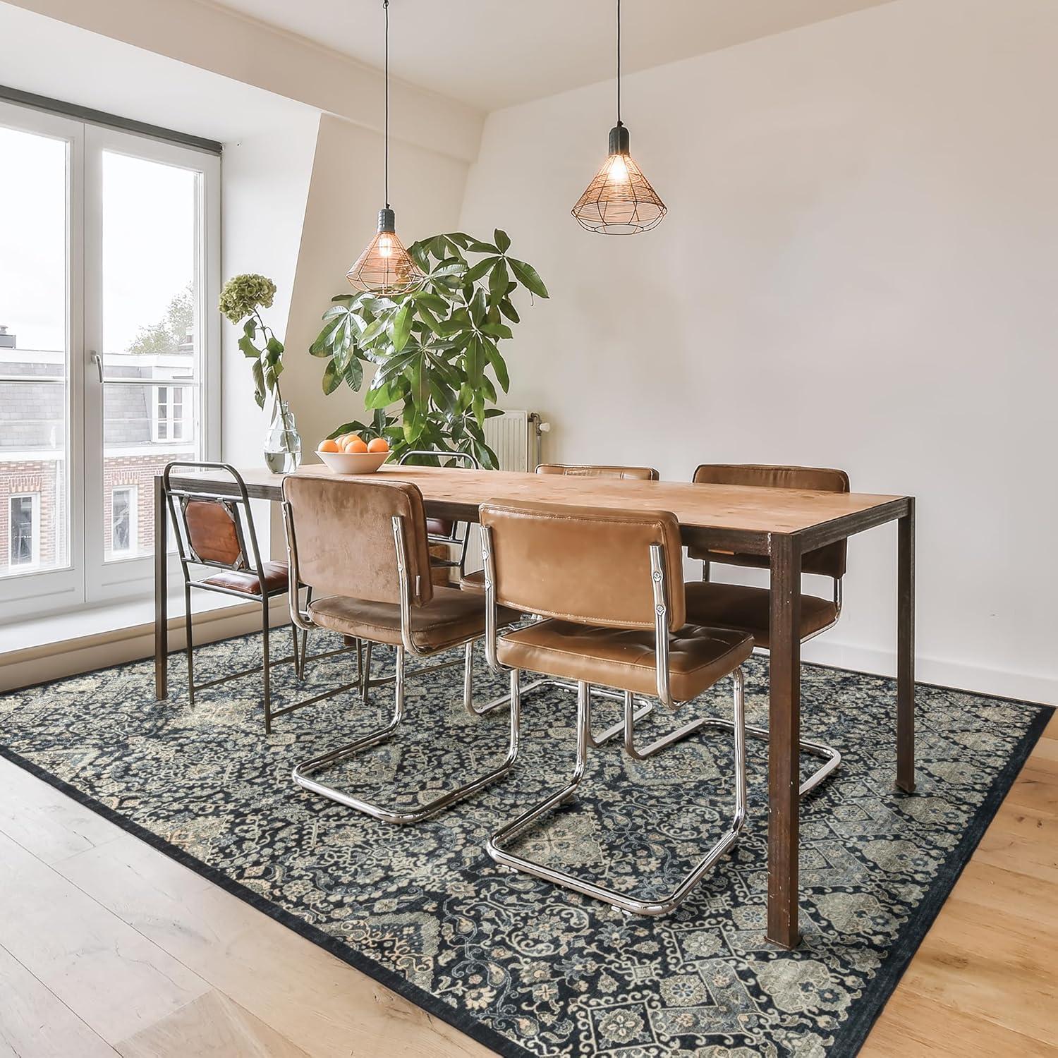 Gertmenian Crystal Print Tanis Anthracite Black Cream Moroccan Bohemian Polyester Washable Flat Pile Indoor Area Rug