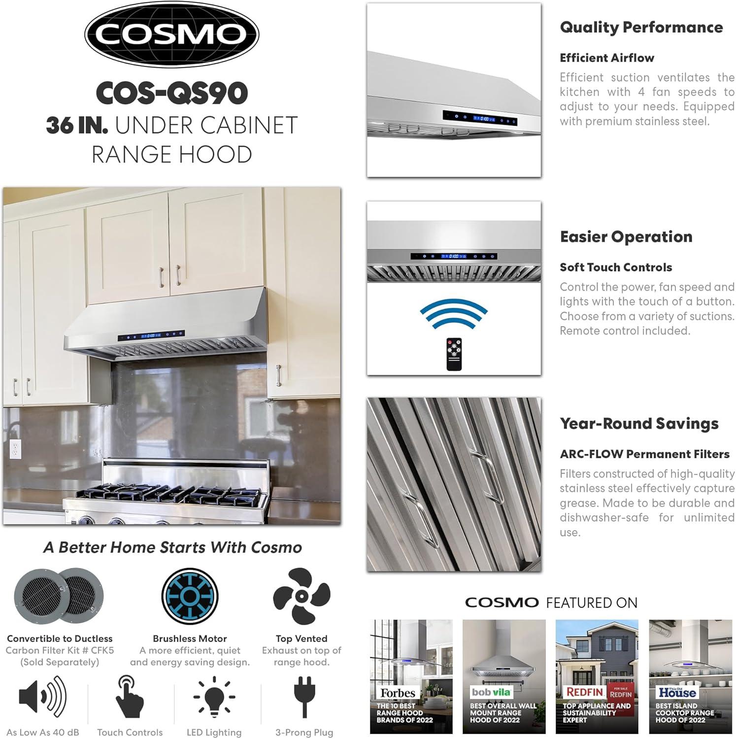 Cosmo COS-QS90 36 in. 500 CFM Ducted Under Cabinet Range Hood in Stainless Steel