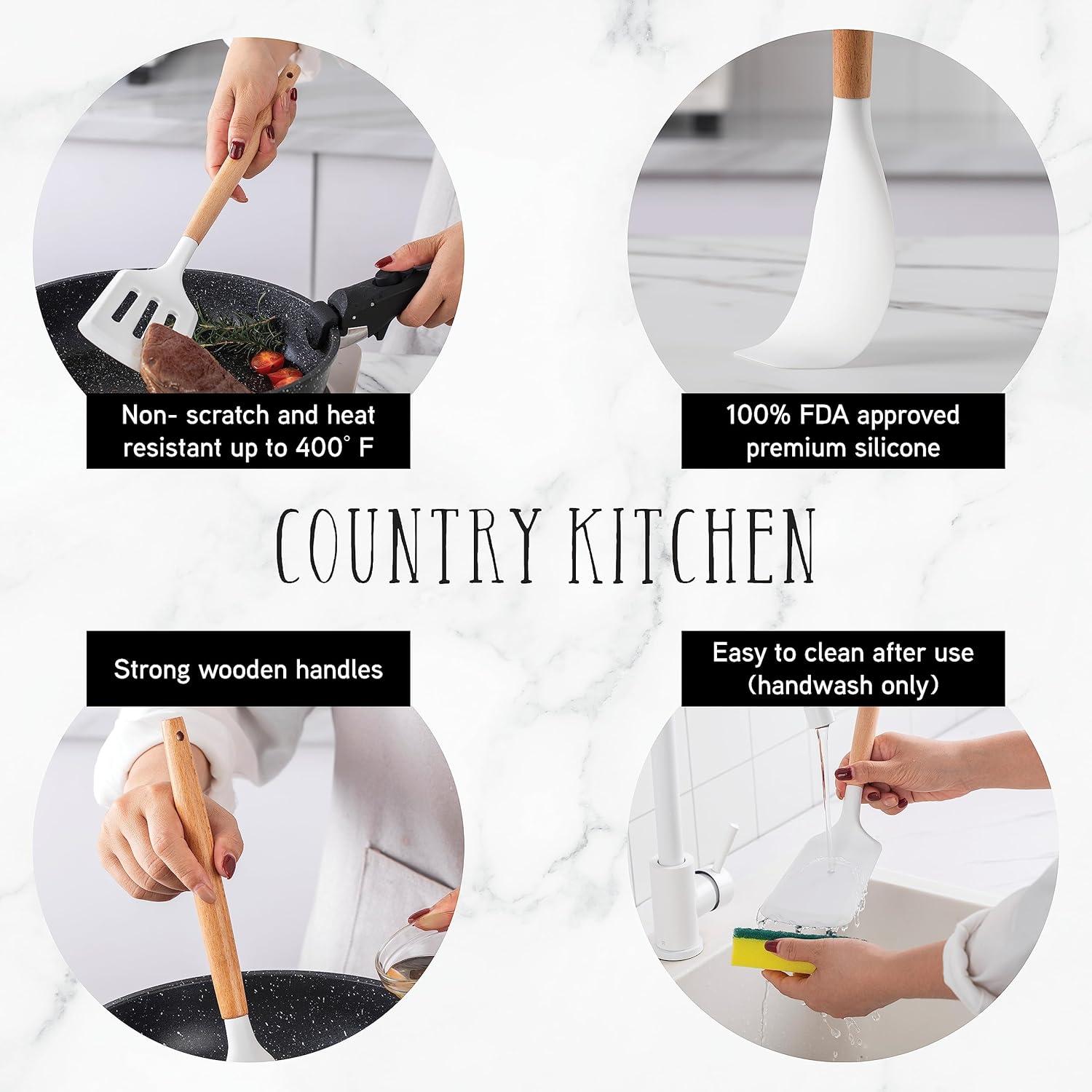 14pcs Kitchen Silicone Cooking Utensils Set,Non-Stick,Wooden Handle,White