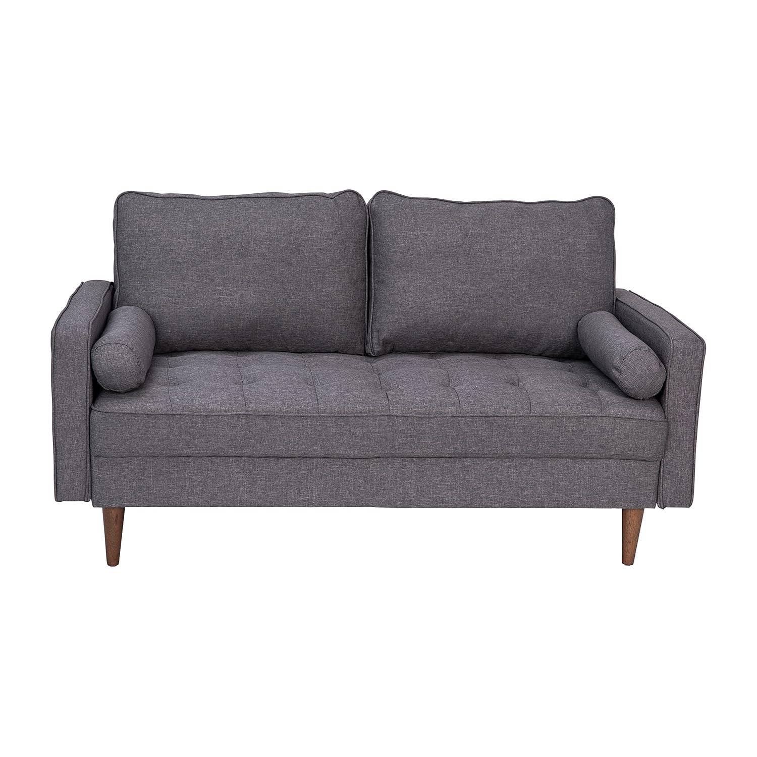 Flash Furniture Hudson Mid-Century Modern Loveseat Sofa with Tufted Faux Linen Upholstery & Solid Wood Legs in Dark Gray