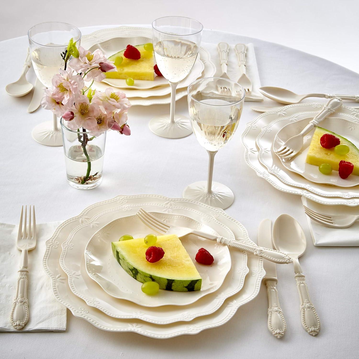 VINTAGE COLLECTION DISPOSABLE WINE GLASSES | Reusable Stemmed Wine Cups | for Upscale Wedding and Dining | Includes 6 Plastic Cups (Cream)