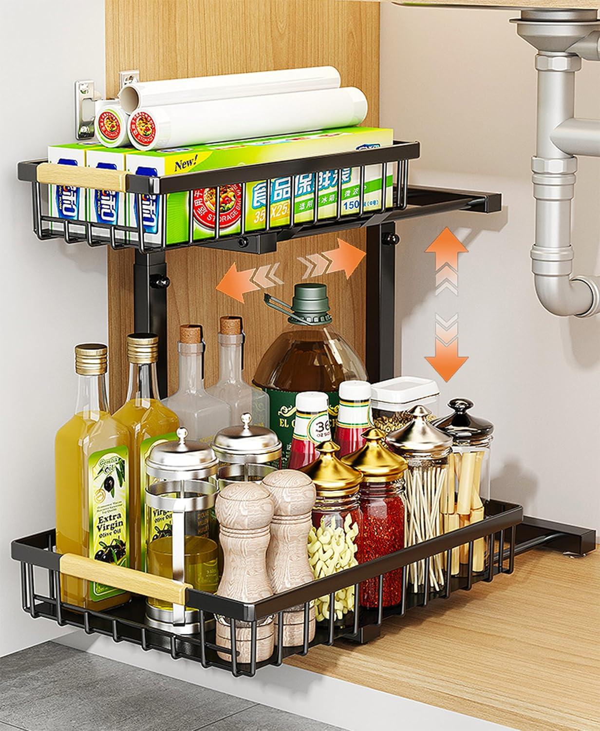 Rebrilliant Under Sink Organizer, 2 Tier Under Sink Organizers And Storage, Metal Slide Out Pull Out Cabinet Organizer ,2 Pack Sliding Drawer Organizer For Kitchen Bathroom Pantry