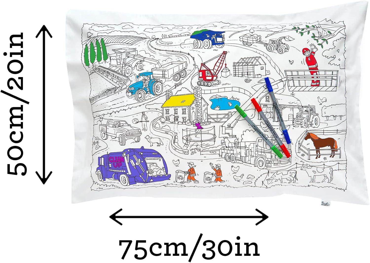 eatsleepdoodle Coloring Cotton Pillowcase with Washable Markers - Cars and Trucks Color in Activity Craft Kit for Boys and Girls Age 3+