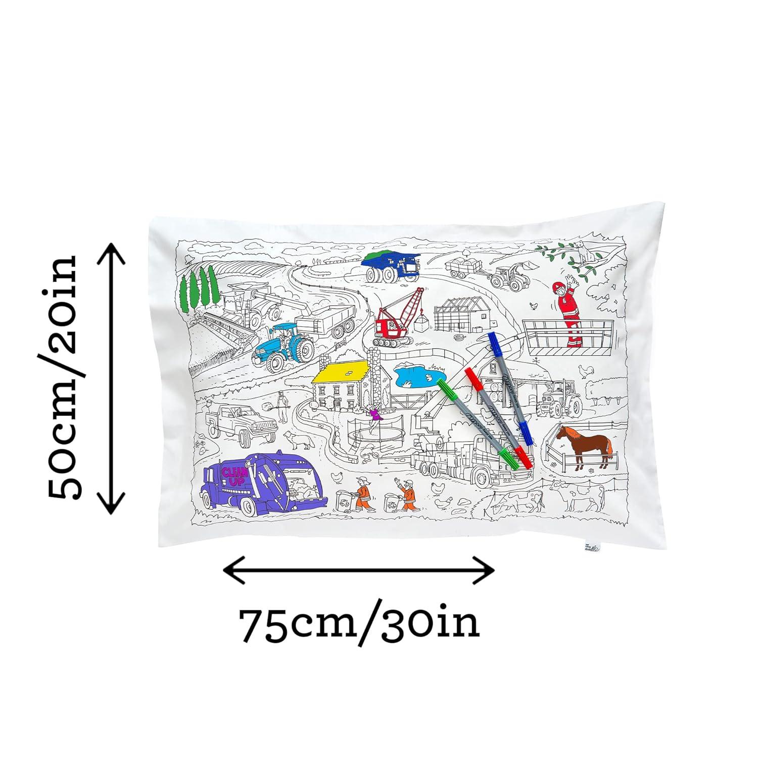 eatsleepdoodle Coloring Cotton Pillowcase with Washable Markers - Cars and Trucks Color in Activity Craft Kit for Boys and Girls Age 3+