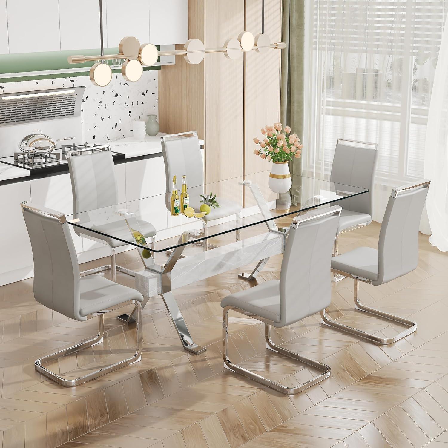 Dining table. Modern tempered glass dining table. Large modern office desk with silver plated metal legs and MDF crossbars, suitable for both home and office use. Kitchen. 79"x 39"x 30"