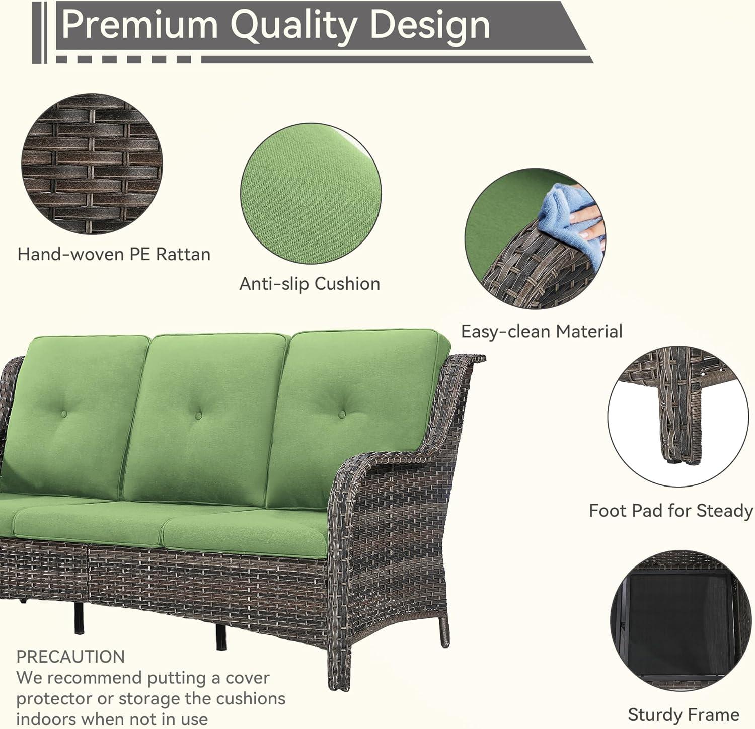 3-Seat Wicker Outdoor Patio Sofa Sectional Couch with Green Cushions