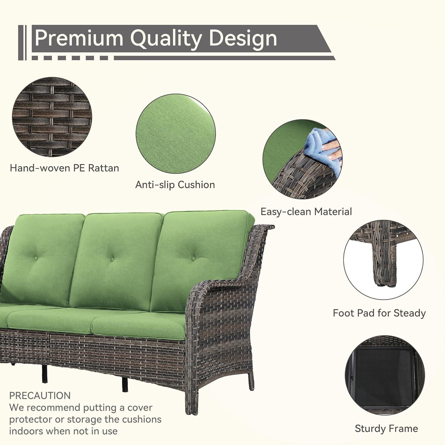 3-Seat Wicker Outdoor Patio Sofa Sectional Couch with Green Cushions
