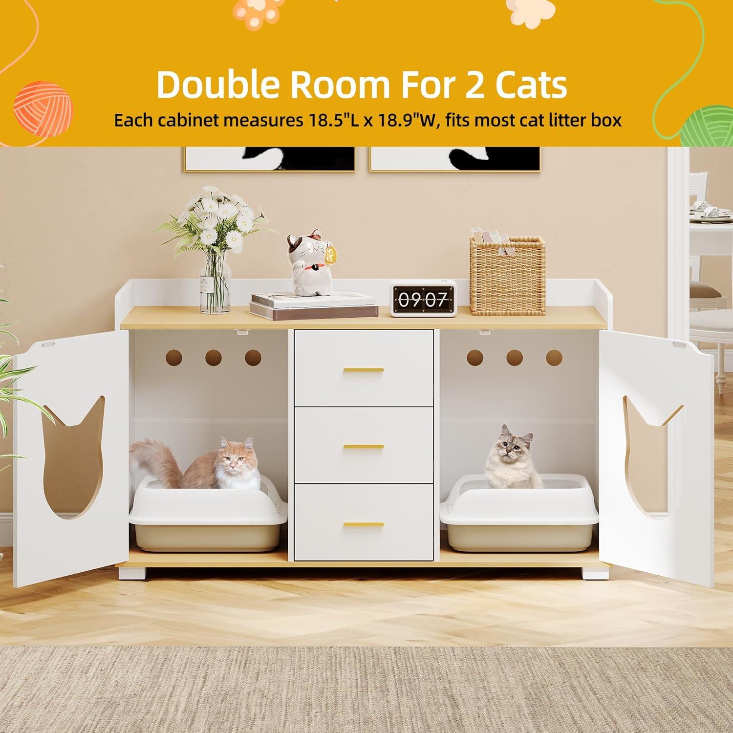 DWVO Large Hidden Cat Litter Box Enclosure Furniture with 2 Shelf Cat Washroom Storage with Charging Station，Wooden Cat Cabinet for Litter Box - Gray