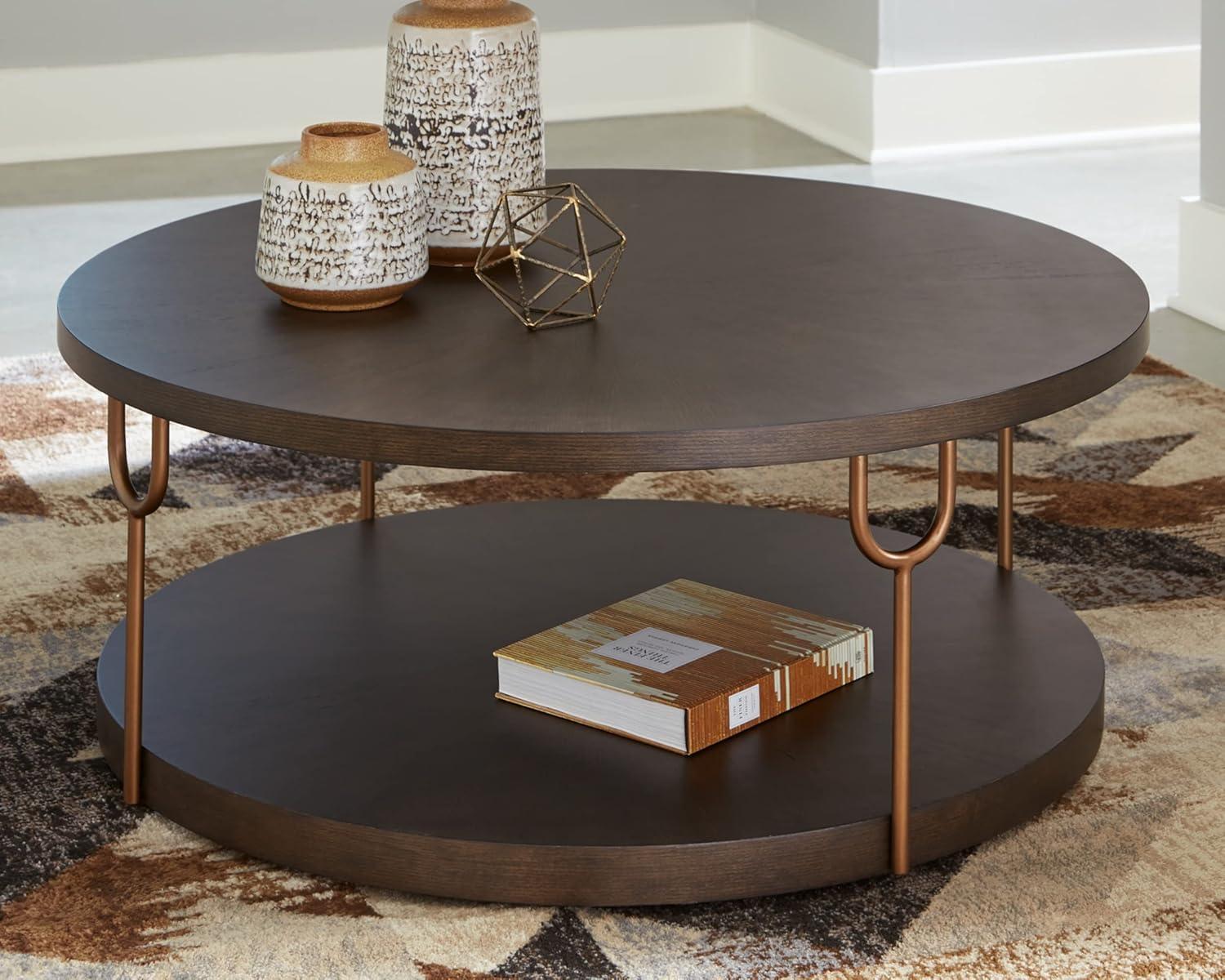 Round Espresso Brown Wood and Gold Metal Coffee Table