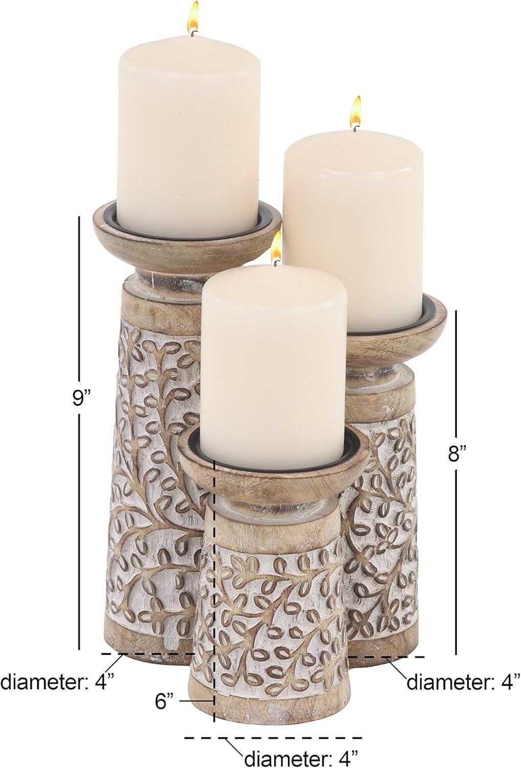 DecMode 3 Candle Brown Mango Wood Handmade Candle Holder, Set of 3