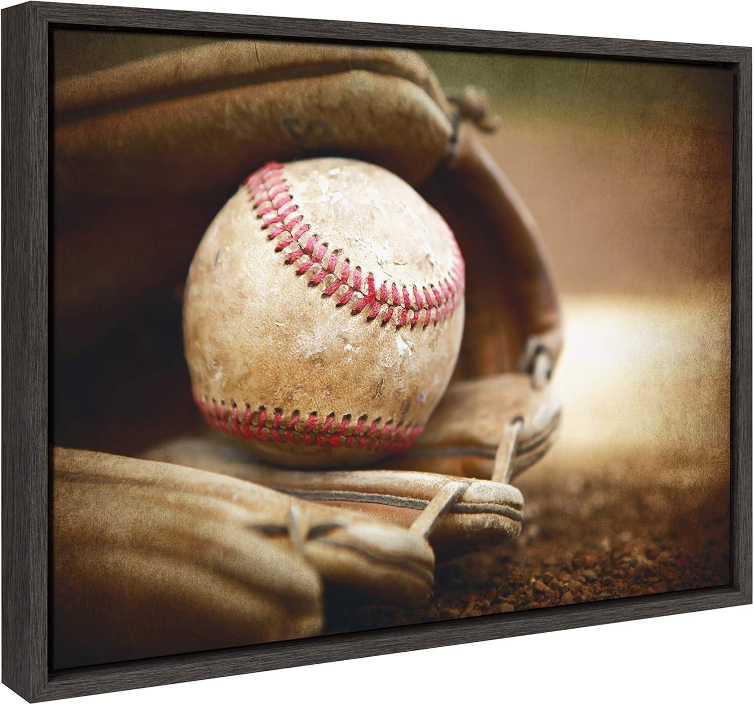 DesignOvation 18" x 24" Sylvie Baseball Glove Framed Canvas by Shawn St. Peter Gray: Vintage Sports Wall Art