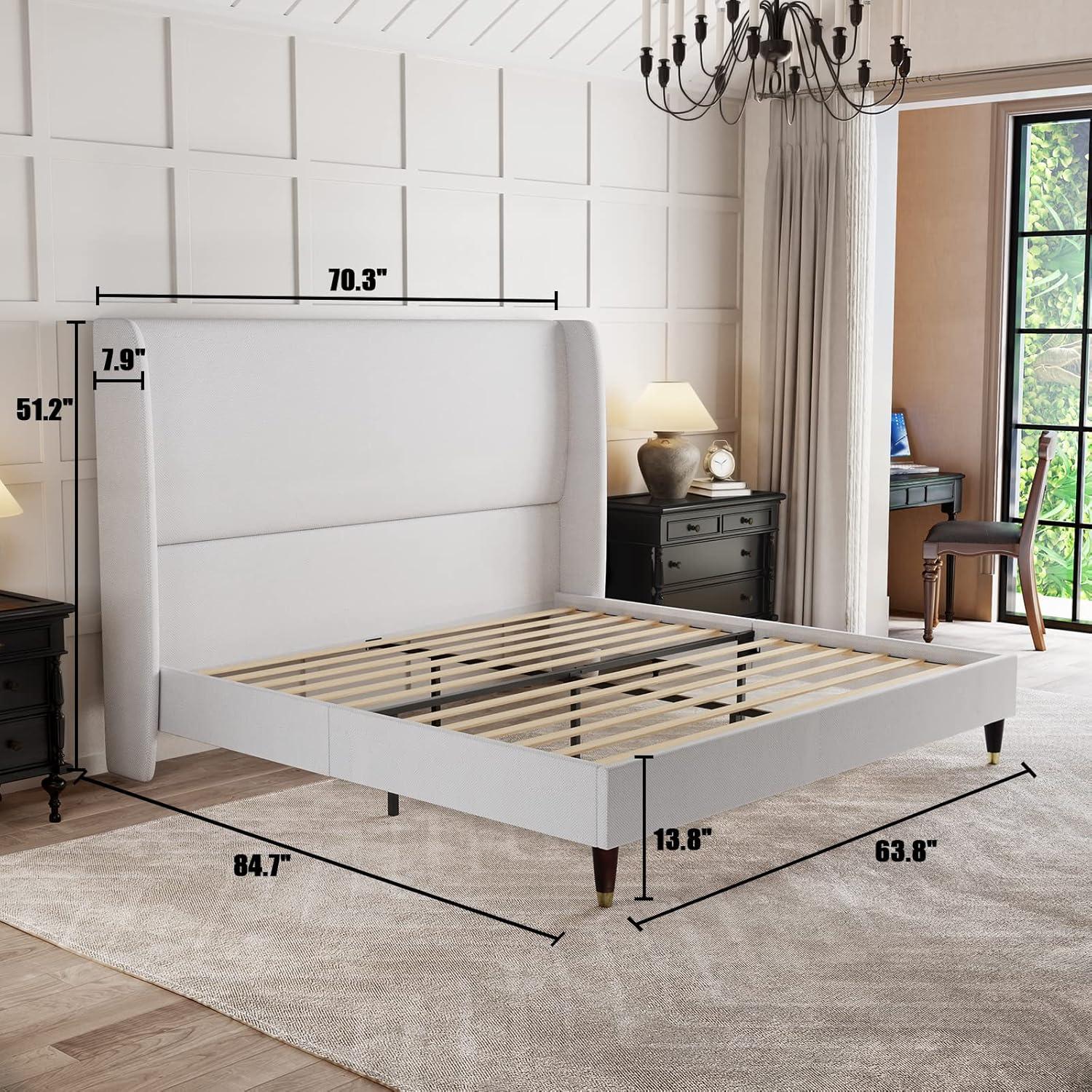 MERLUXY 51.2" Queen Bed Frame with High Headboard,Upholstered,White