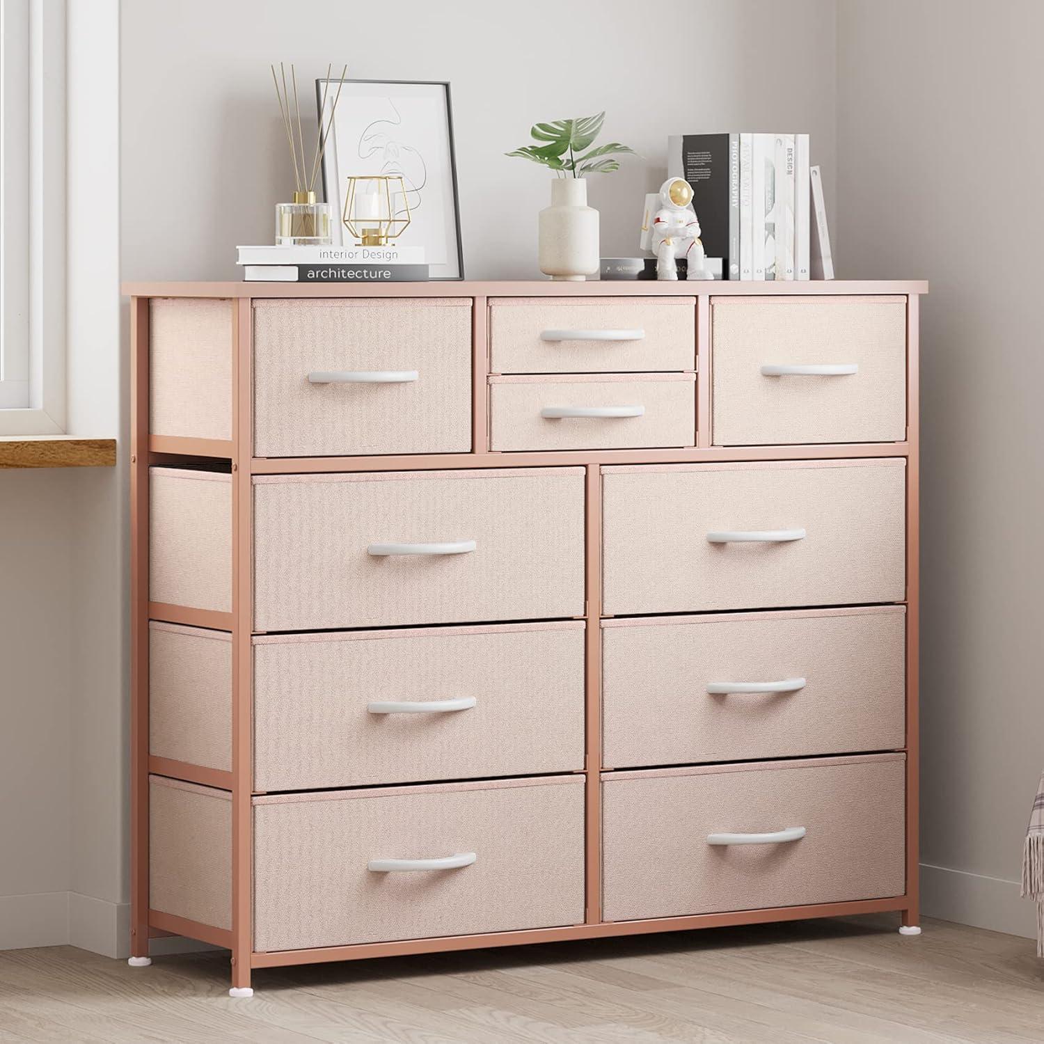 Dresser for Bedroom with 10 Drawers, Dressers & Chest of Drawers, Long Fabric Storage Drawer with Wood Tabletop for Kids Room, Closet, Hallway, Entryway