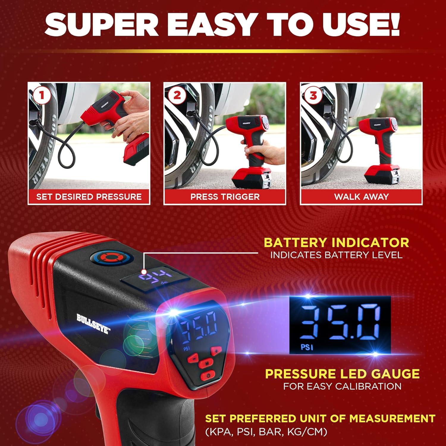 Bullseye Pro Portable Rechargeable Tire Inflator with Digital Pressure Gauge - Red