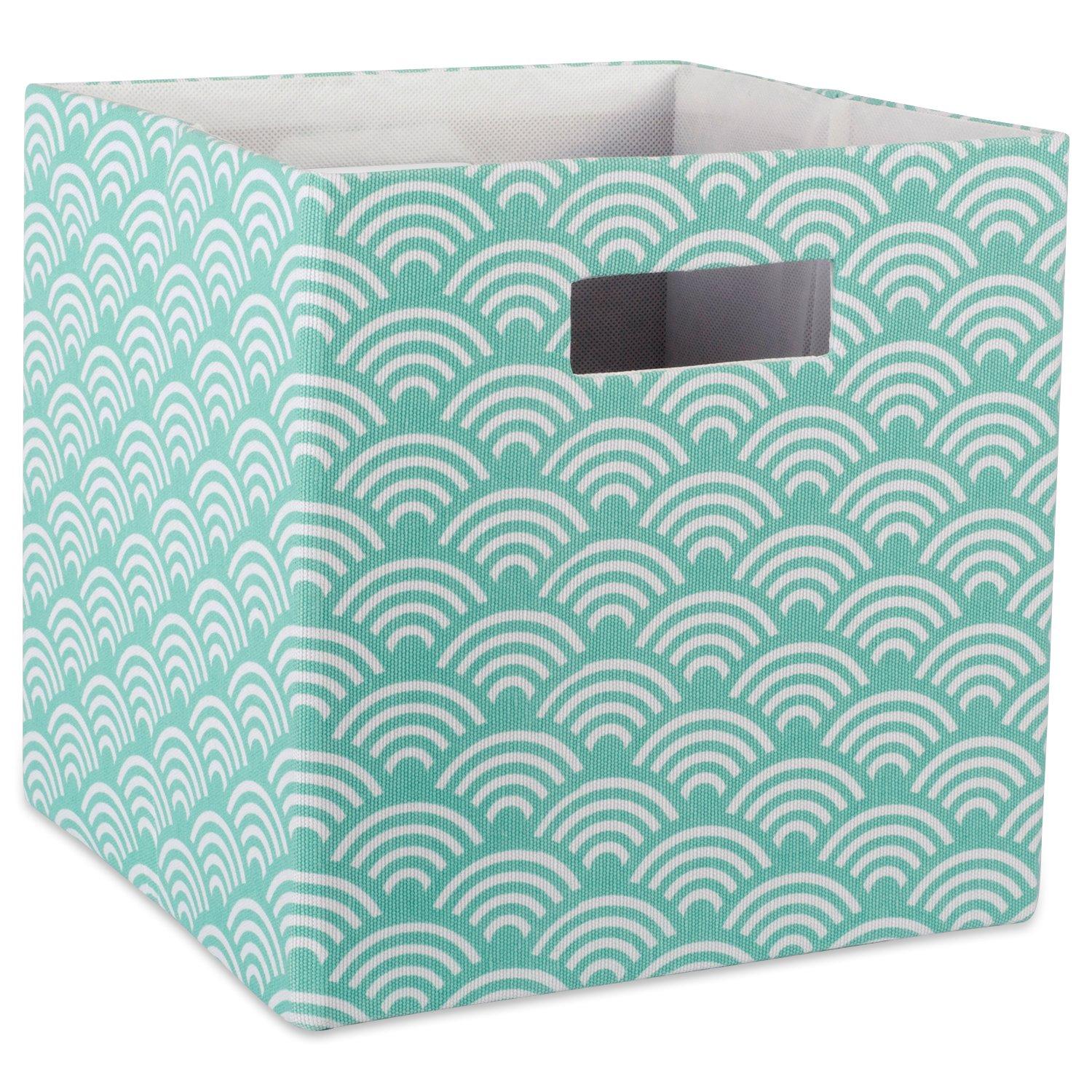 Contemporary Home Living Aqua Blue Polyester Cube Storage Bin with Waves Design 13"